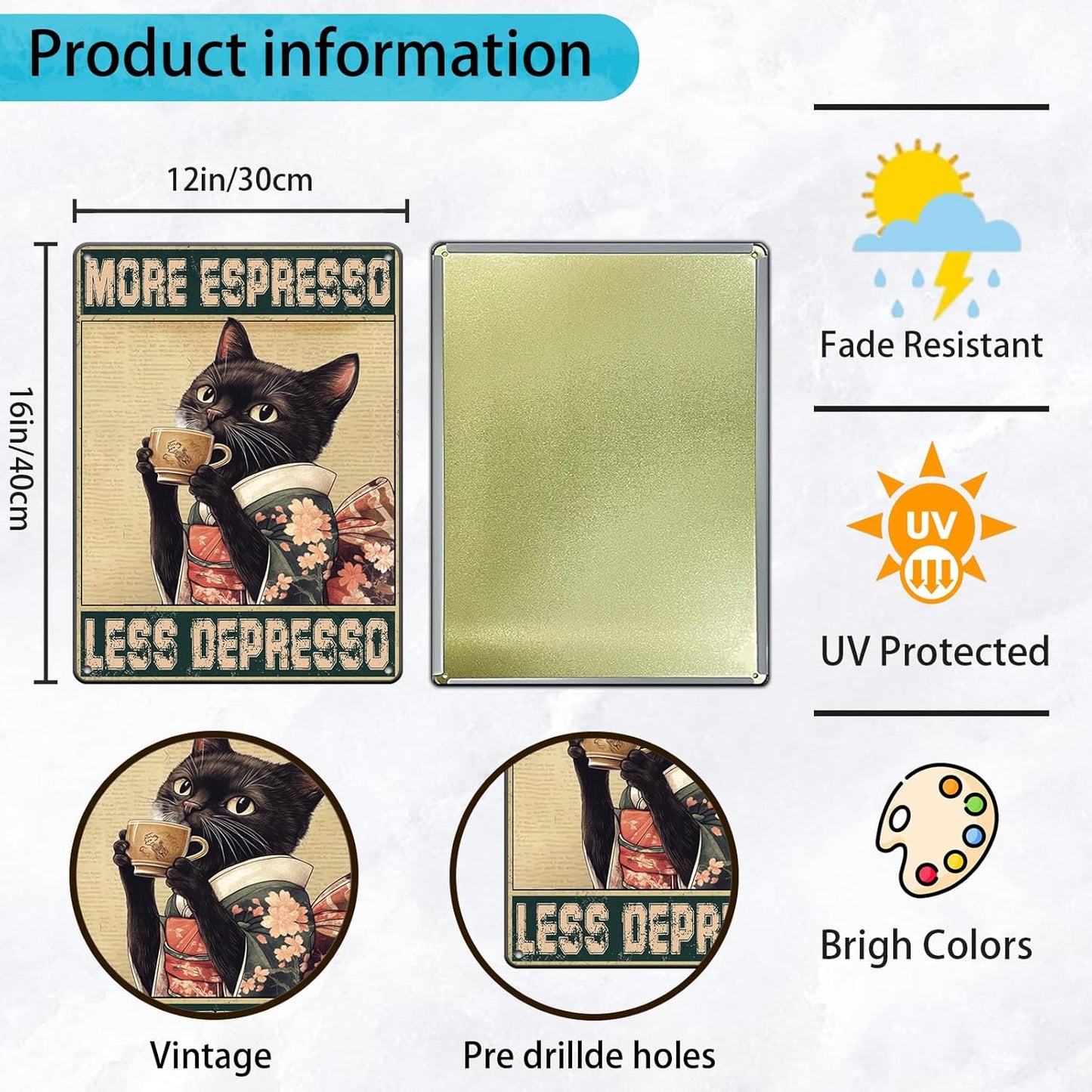 Coffee Cat Metal Posters More Espresso Less Depresso Metal Tin Sign Kimono Cat Bar Pub Sign Poster Home Decor Garage Bar Restaurant Kitchen Cafe Poster 12x16 Inch