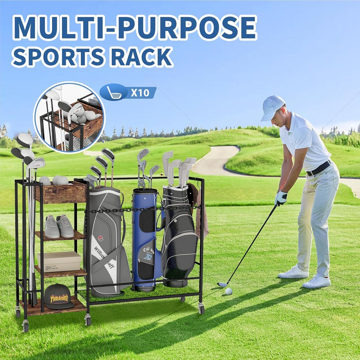 Golf Bag Organizer Garage Sports Equipment Organizer Golf Bag Stand Golf Club Storage Rolling Wheels Breaks Large Capacity Heavy Duty Golf Stand