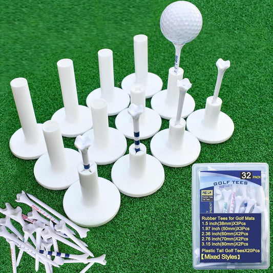 32 Pack - Premium Rubber Golf Tees for Golf Mats | Tees for Driving Range &Indoor Simulators | Golf Accessories for Indoor &Outdoor Practice, 5 Sizes Rubber Tees & Tall Plastic Golf Tees.