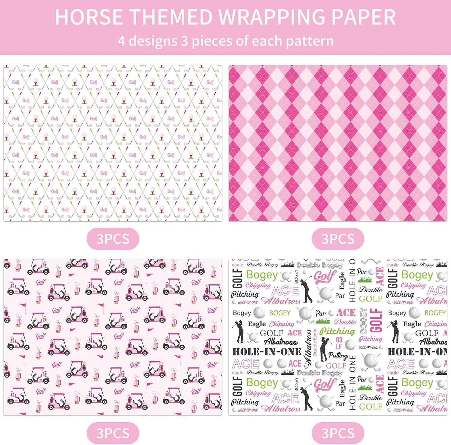 EoBeCy Pink Golf Wrapping Paper for Women Girls, 12 Sheets Folded Gift Wrap with Golf Carts, Clubs, Balls, and Argyle Prints, Sports Wrapping Paper for Birthday Retirement Bridal Shower, 20"×28"