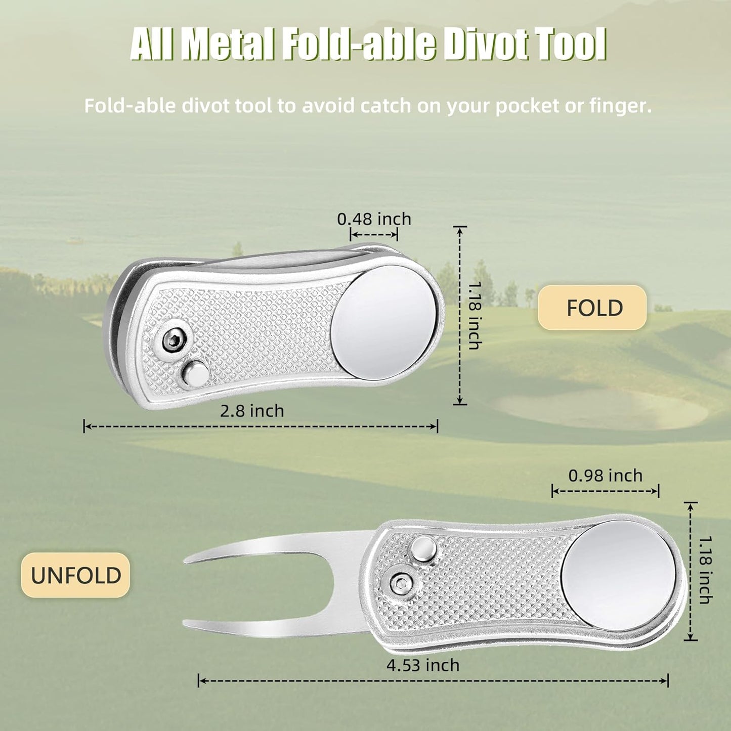 Mile High Life Golf Divot Repair Tool, All Metal Foldable Divot Tool with Pop-up Button & Magnetic Ball Marker