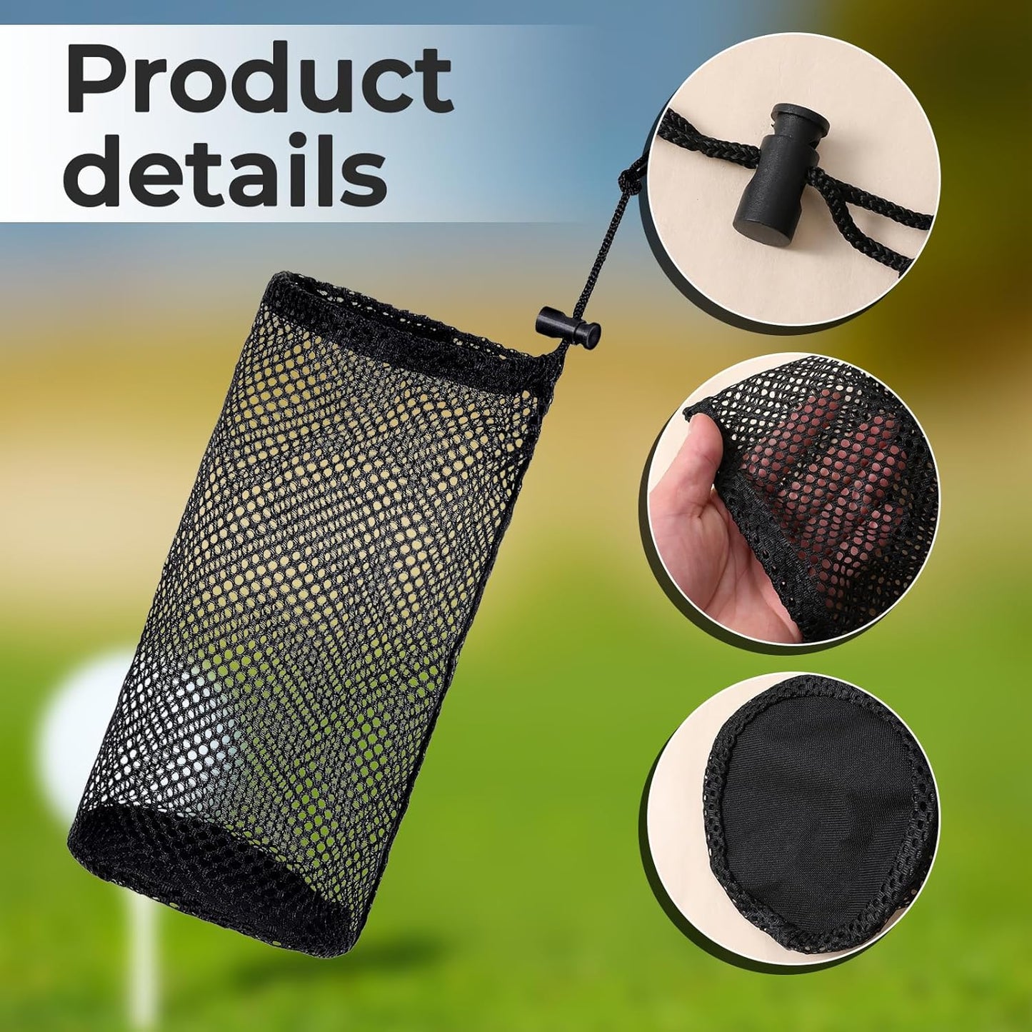 Black Nylon Mesh Golf Pouch, Golf Ball Storage Bag, Black Golfs Ball Bag, Carries 48-56 Golfs Balls, Multi-Purpose Net Pouch, With Locking Drawstring Closure