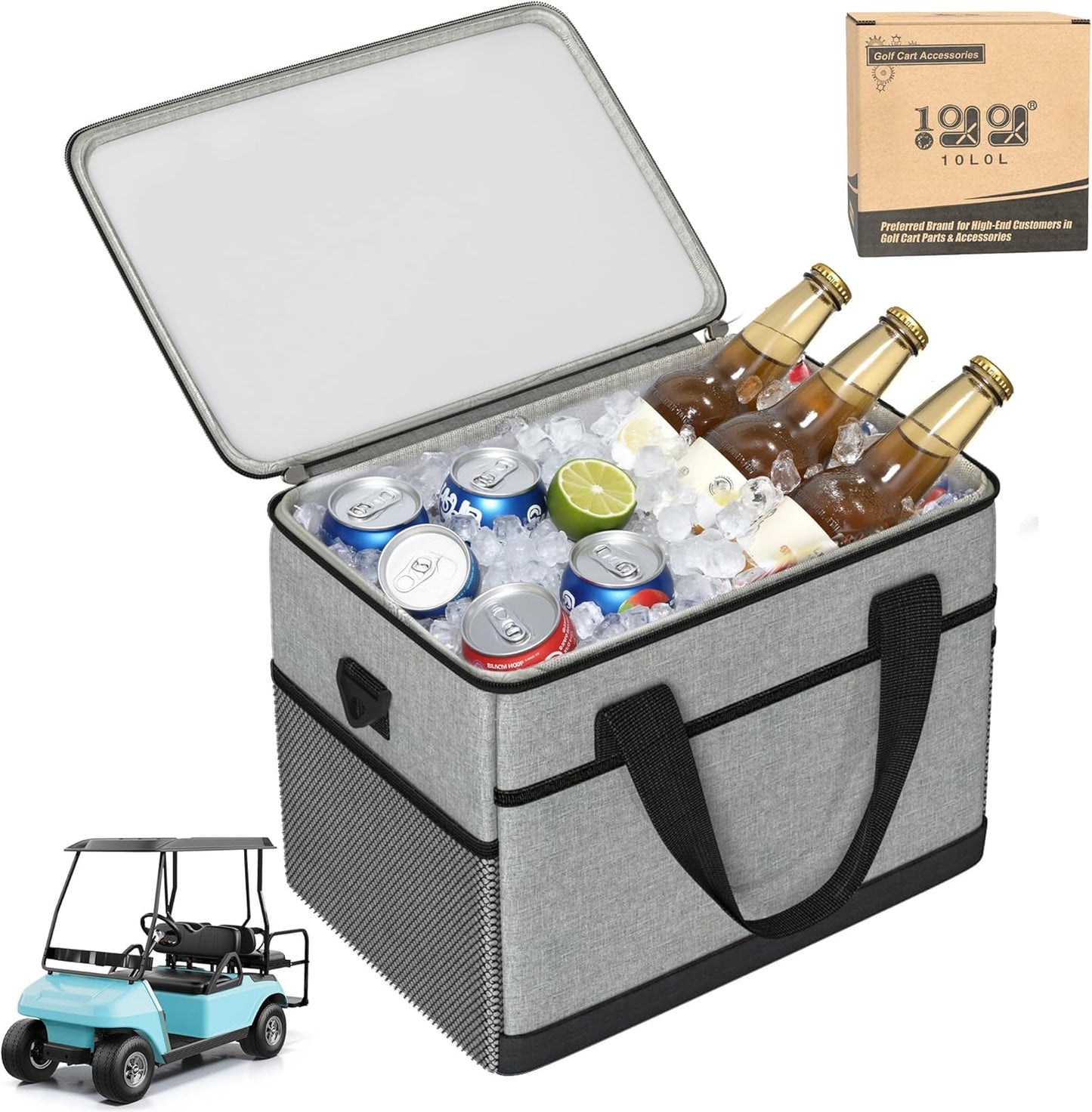 10L0L Golf Cart Ice Bag, 27L Large Capacity Waterproof Oxford Cooler with Multi-Pocket Design, 6-Hour Insulation, Easy Access & Lightweight for Yamaha EZGO Club Car Golf Cart Accessories (Black/Gray)