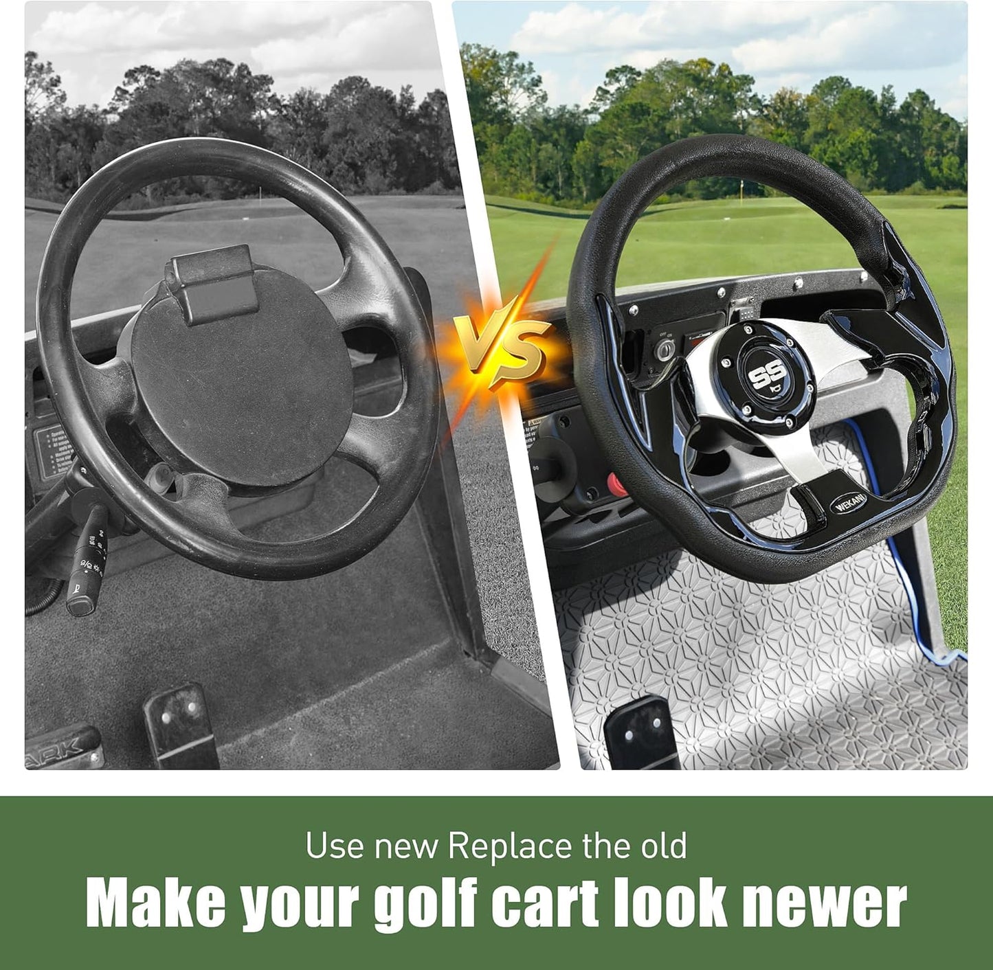 D Golf Cart 12.5 Inch Steering Wheel,For Club Car EZGO Yamaha Golf Cart,with Car Horn Button,Cool racing steering wheel black