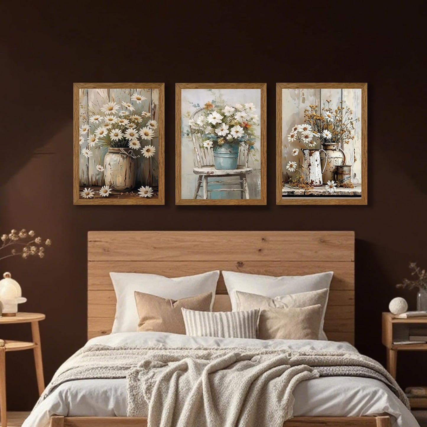 DUWQU 3 Piece Framed Elegant Farmhouse Canvas Wall Art, Vintage Floral Pictures Art Wall Decor, Nature Themed Daisy Art Prints for Living Room Bedroom Kitchen and Office Ready to Hang 16×24 Inches