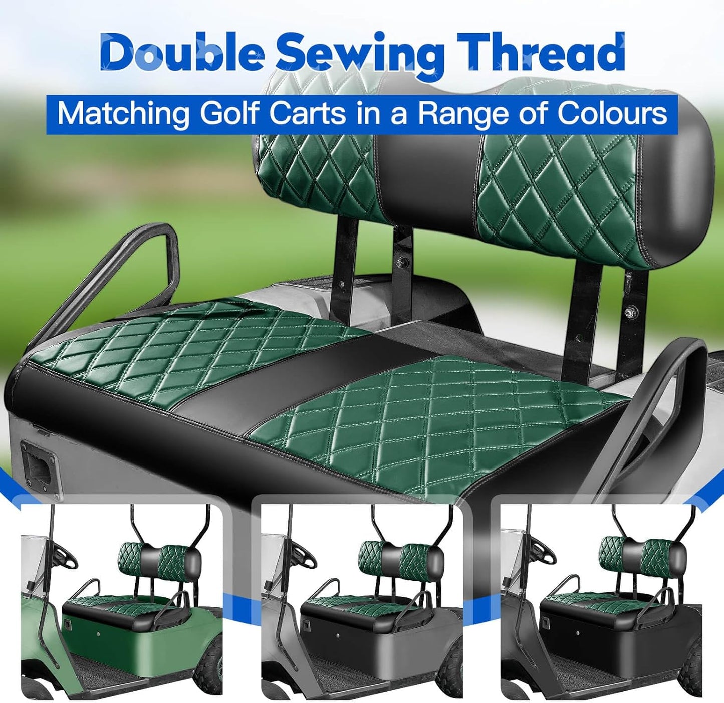 NOKINS Golf Cart Diamond Seat Covers Kit, Fit for EZGO TXT 1994-2013/EZGO RXV OEM Standard Front Seat Cushion, Golf Cart Vinyl Seat Cover, No Nails Required (Dark Green and Black)