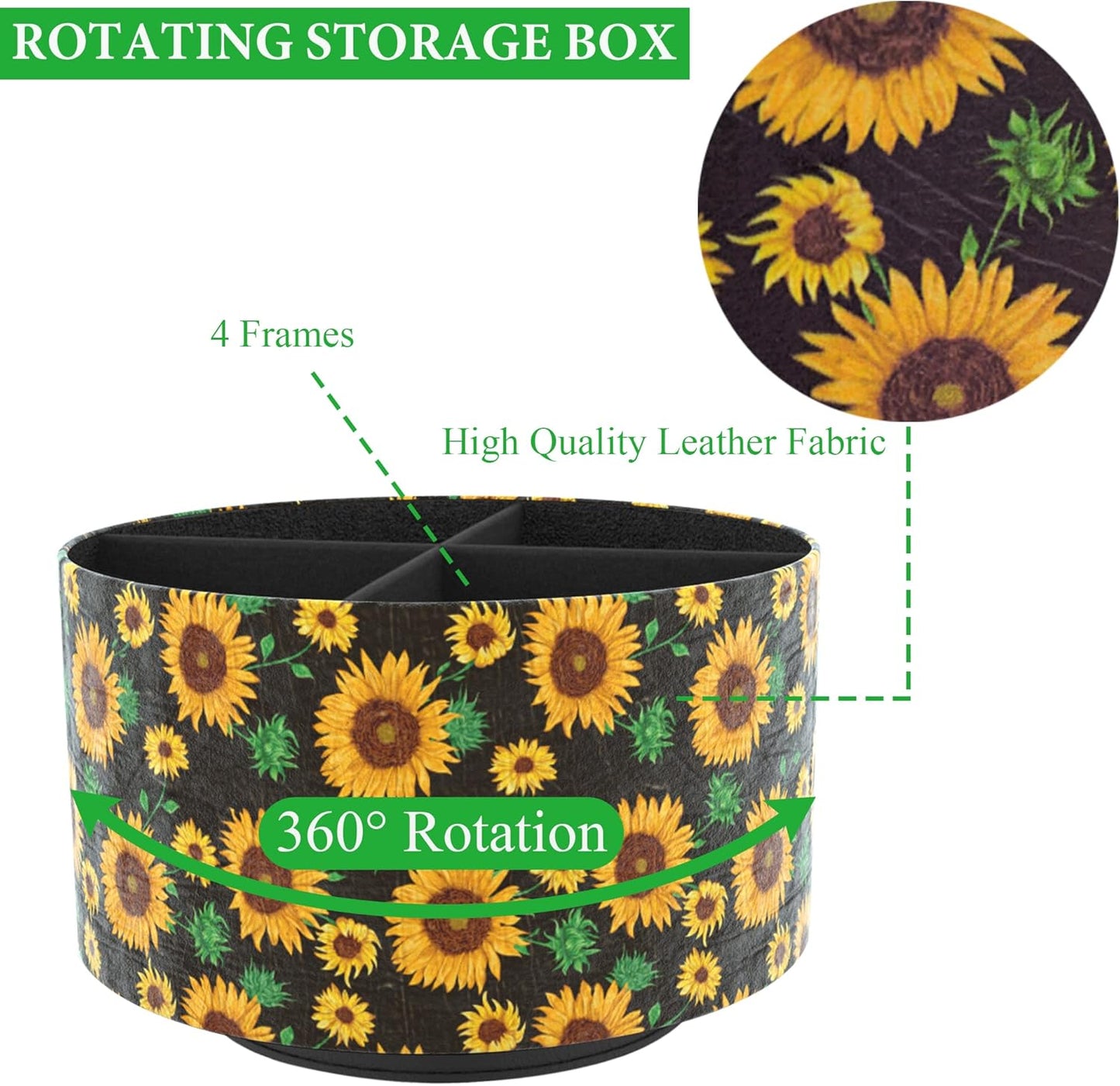 Hennaja Round Leather Art Supply Organizer,Remote Control Holder,360 Degree Rotating,Multi-Functional Pencil Holder,4 Compartments Desktop Stationary Organizer(1-Sunflower)