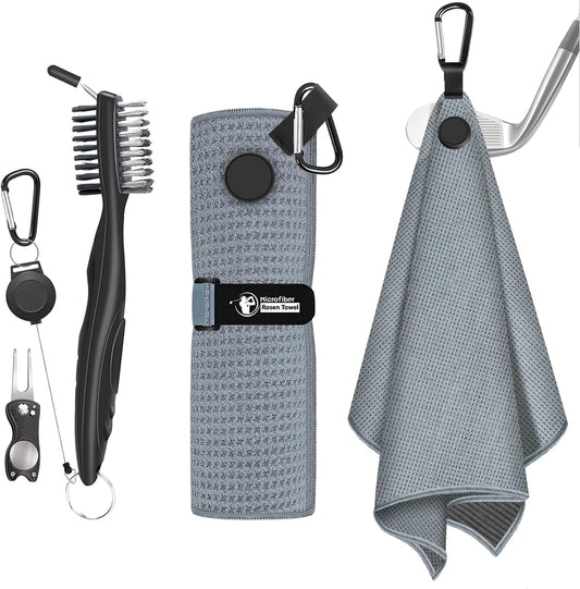 Golf Towel, Magnetic Golf Towel with Brush and Divot Tool, Microfiber Waffle Pattern with Clip for Men, Industrial Strength Magnet for Strong Hold to Golf Bags, Carts or Clubs (Gray)
