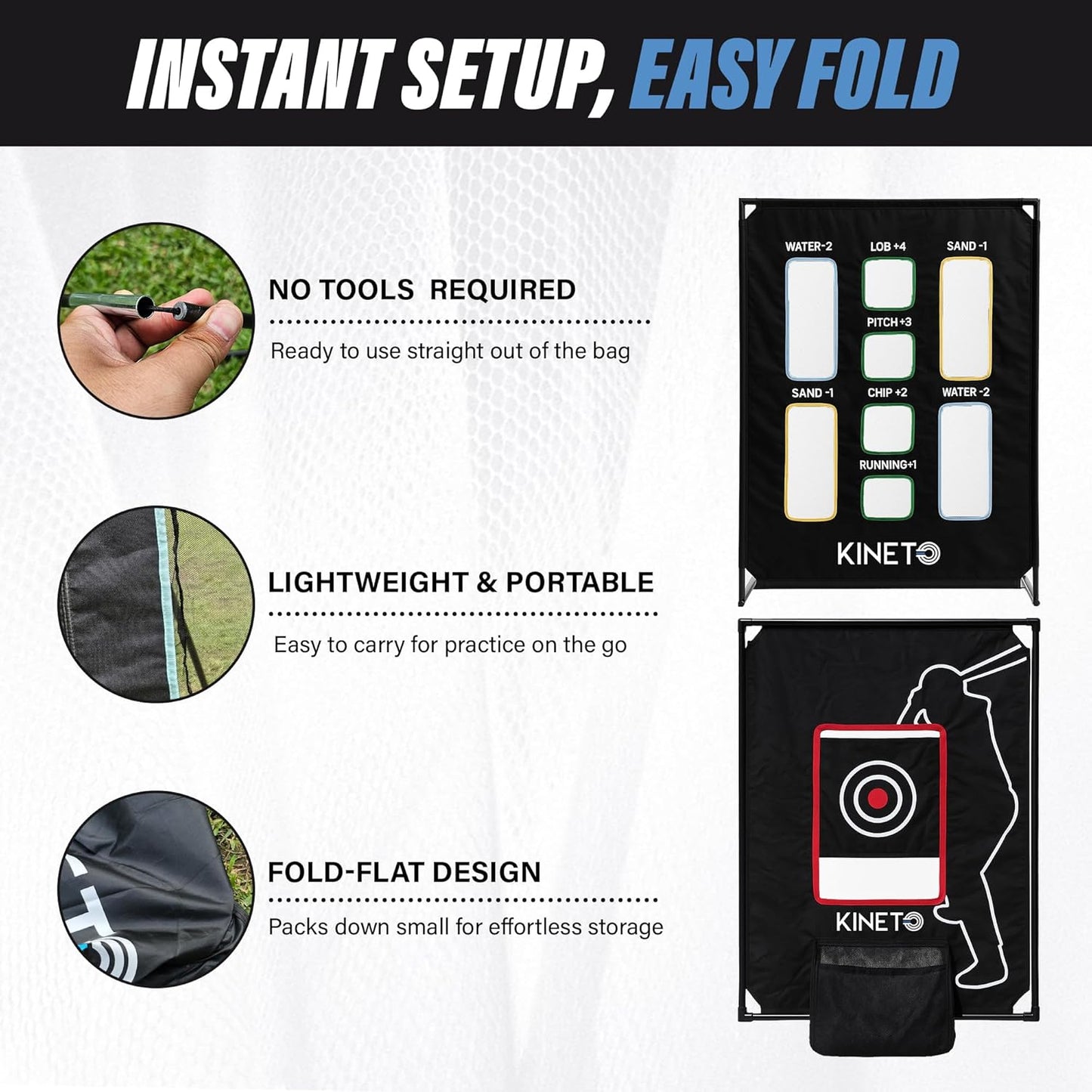 Kineto Training Set – Golf Swing Net, 8-Zone Chipping Target, Baseball Pitch Trainer – Durable, Portable, Tool-Free net for Backyard or Indoor use