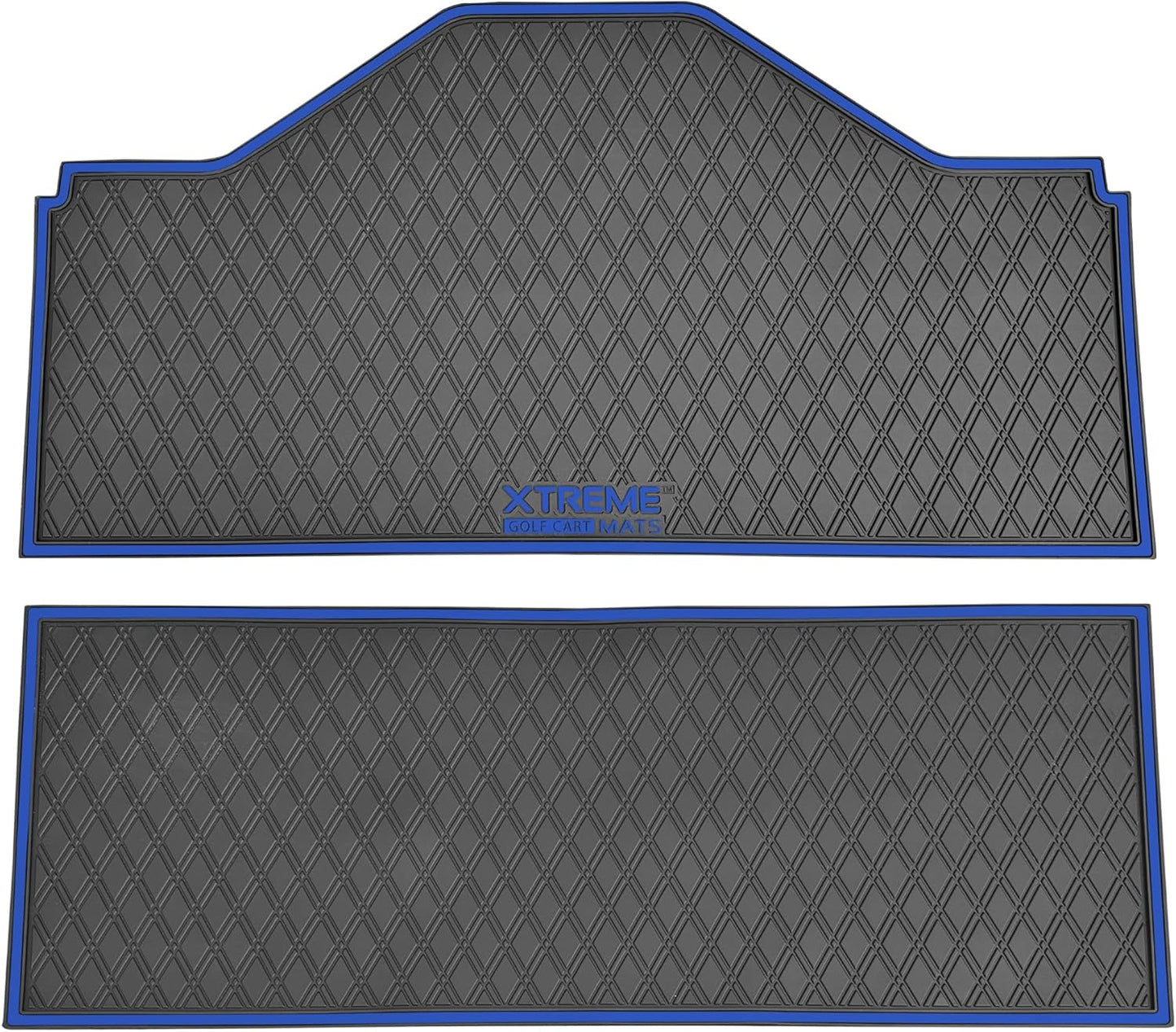 Xtreme MATS Evolution D5 Golf Cart Floor Mat Set- Rubber Double Diamond Design - Fits DMAX, GT 4 & 6, D5 4F (4 Forward Facing) Including Evolution Maverick and Ranger Trims (Blue Trim)