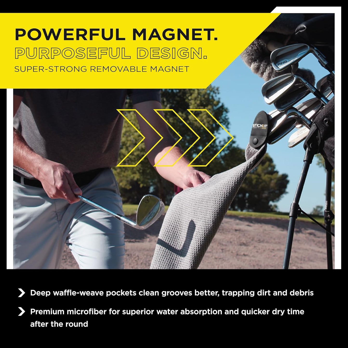 STICKIT Magnetic Towel, Gray | Top-Tier Microfiber Golf Towel with Deep Waffle Pockets | Industrial Strength Magnet for Strong Hold to Golf Carts or Clubs