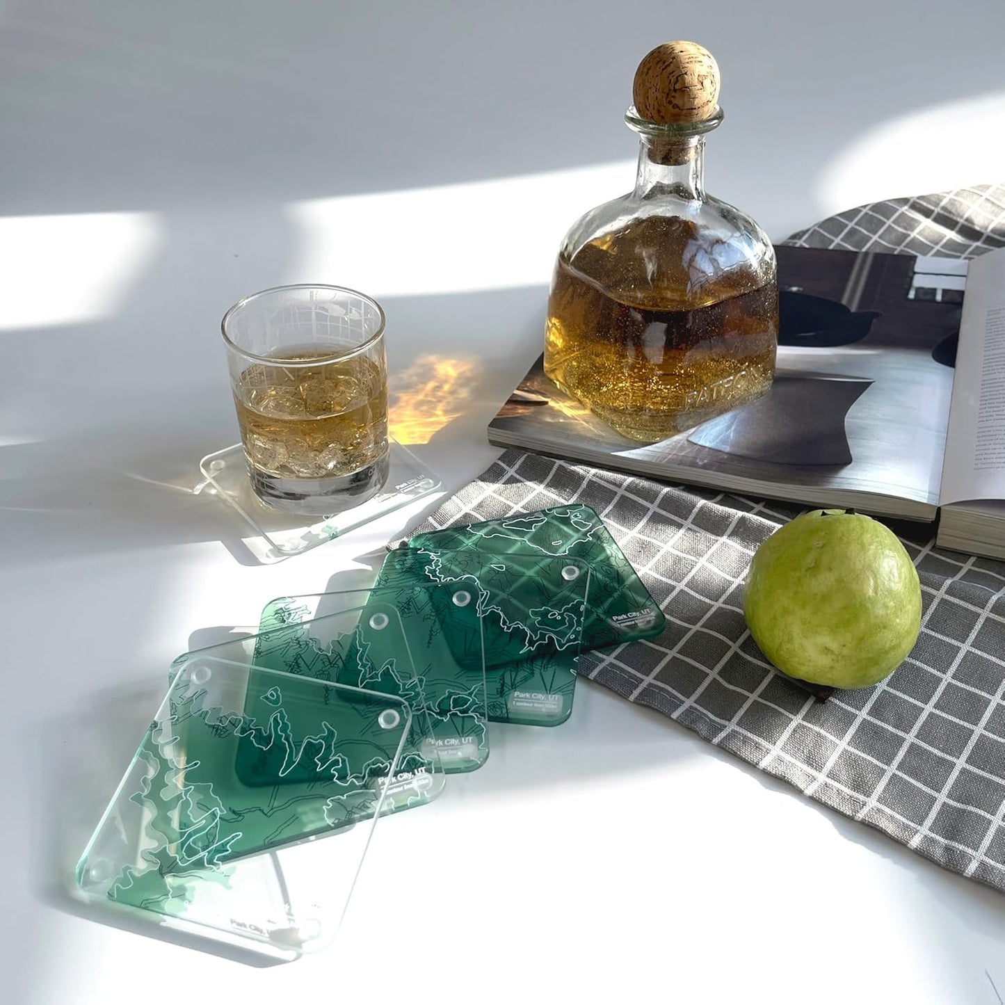 Park City, UT 3D Contour Map Glass Drink Coasters of Mountains, Ski Resort, Set of 6 with Holder, Housewarming Birthday Gifts, Home Decor