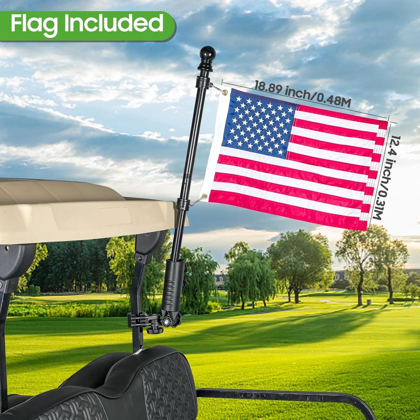 10L0L Golf Cart Flag Holder, Flag Pole Kit for Yamaha Club Car DS/Precedent and EZGO TXT/RXV Golf Cart, Embroidered USA Flag (12"×18") Included