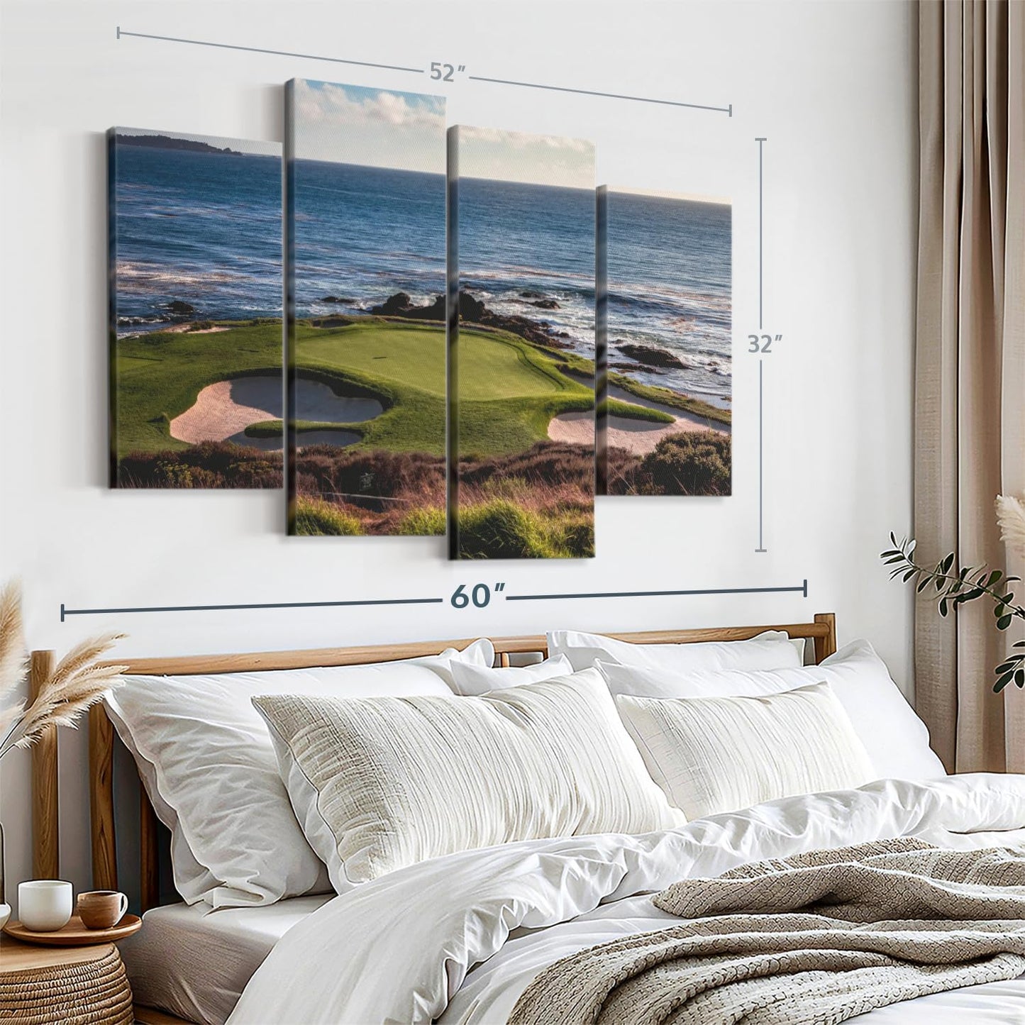 Elephant Stock California Coastline Golf Course Wall Art - Horizontal Canvas - 4-Piece Living Room Wall Decor - Photography Sports Canvas Print - Brown and Beige Decor for Wall - 52" X 32"