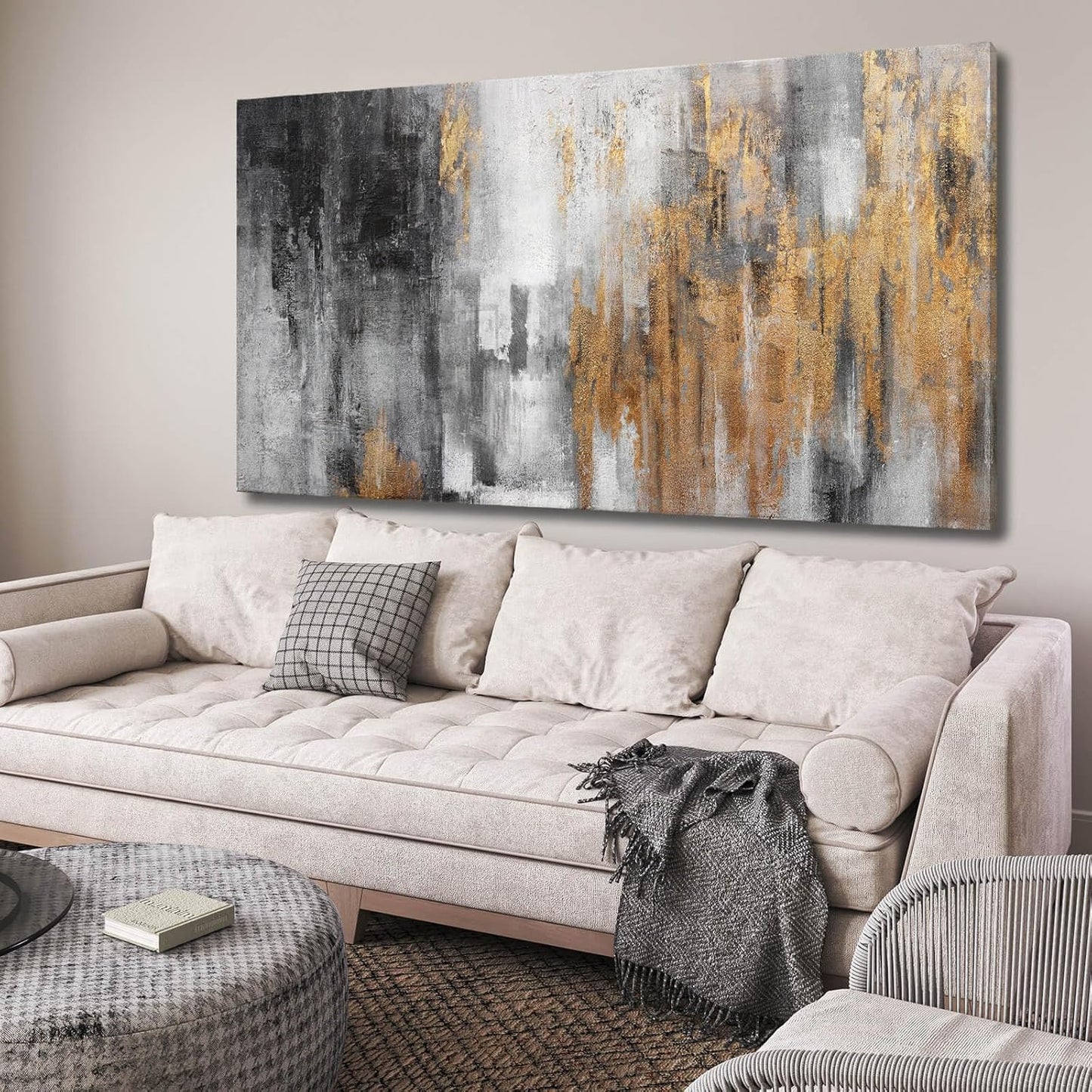 YJYart Black and Gold Wall Art - Hand Painted Painting - Vintage Decor for Living Room -Abstract Picture for Bedroom Office Hotel 24x48 Inch