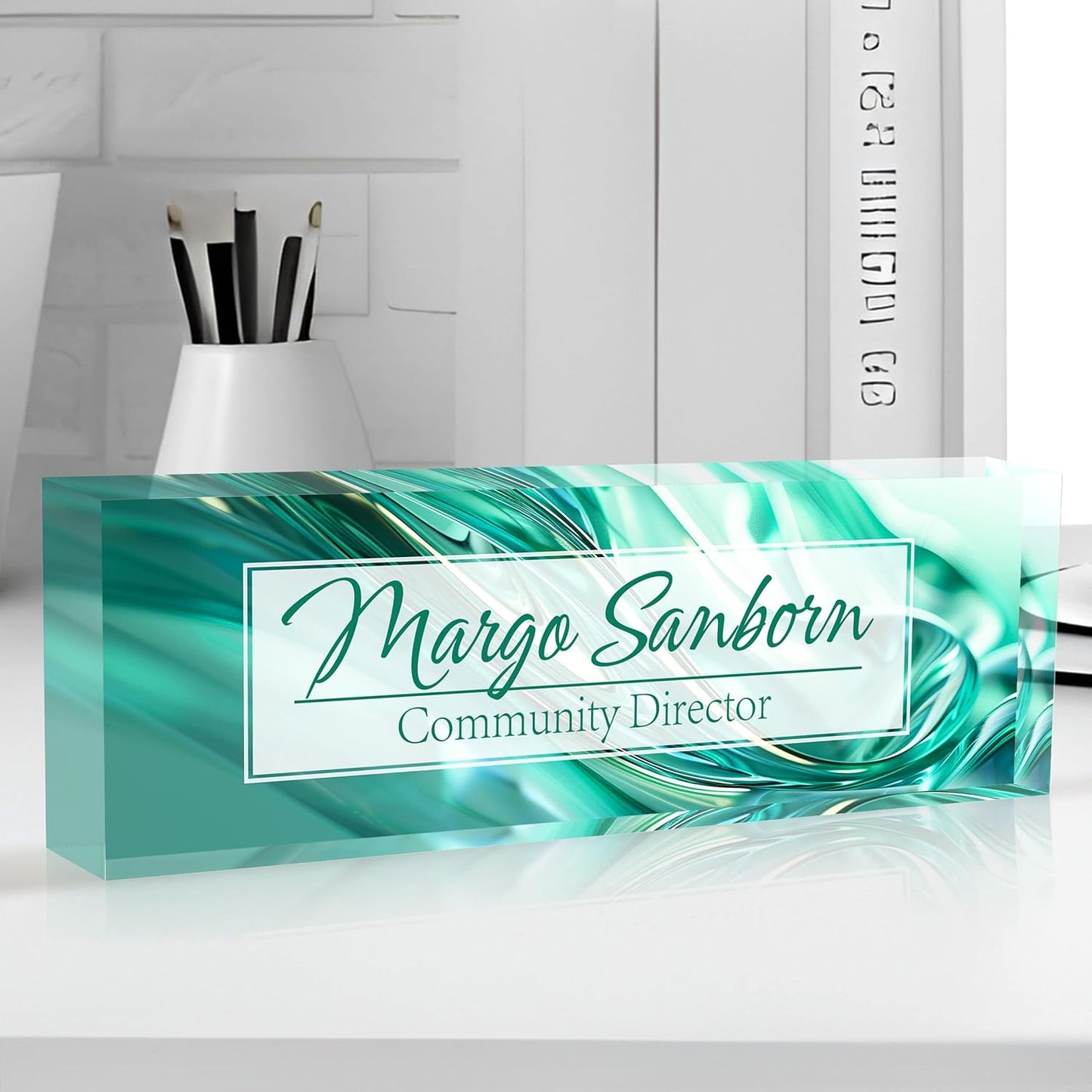 Personalized Name Plate for Desk Custom Acrylic Desk Name Plate Custom Employee Appreciation Gifts Office Gifts for Women, Men, Boss, Coworkers, Teacher, Nurse (Green Glaze)