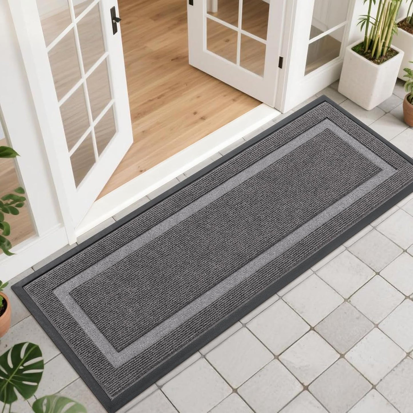 OLANLY Front Door Mat Indoor Outdoor Entrance, Waterproof All-Season, All-Weather Doormat, Sturdy Natural Rubber, Fade Resistant, Low Profile, Easy Clean Patio Porch Entryway Mat, 47x17, Dark Grey