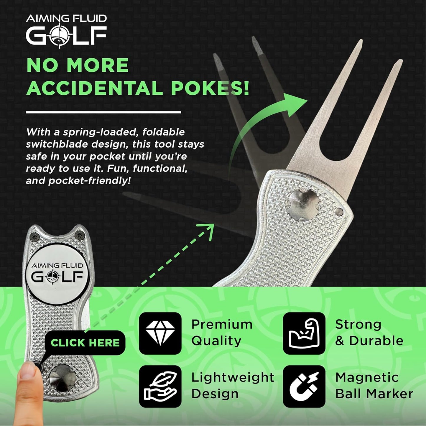 Golf Divot Repair Tool — 5-in-1 Golfing Ball Marker, Pitch Mark Repair, Putting Alignment, Club Tee, and Groove Cleaner, Accessory Metal Switchblade Design - Ideal Gift for Golfers