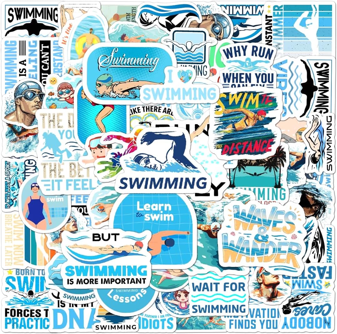 108 PCS Swimming Stickers, Waterproof Vinyl Swim Sports Decals for Water Bottles, Laptop, Skateboard, Helmet, Luggage, Cool Swimmer Accessories for Teens Girls Boys Adults Swim