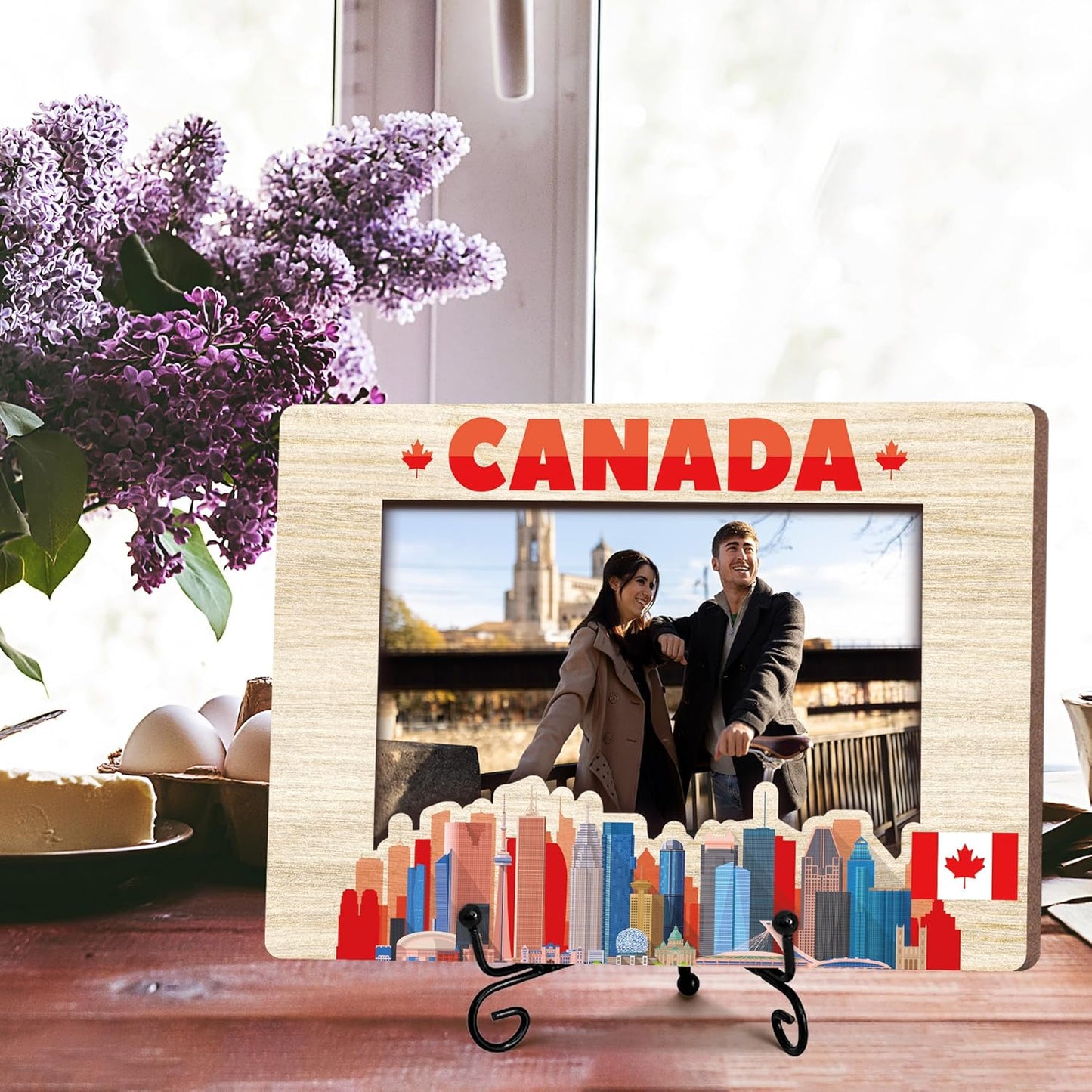 Canada Travel Picture Frame, 5 x 8 Canada Themed Wooden Photo Frame with Stand, Vacation Anniversary Honeymoon Gifts For Friend Family Couples, Home Office Desk Decorations-A05