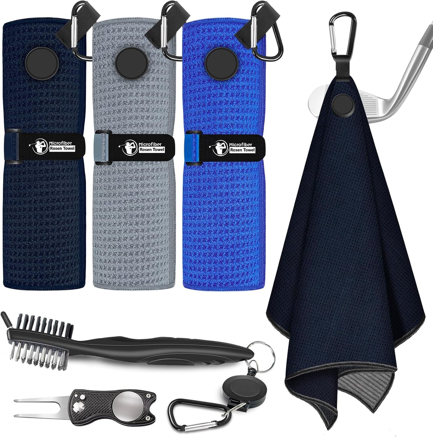 Magnetic Golf Towel, 3 PCS Microfiber Golf Towels with Brush and Divot Tool for Men, Industrial Strength Magnet Accessories for Strong Hold to Golf Bags, Carts or Clubs (Black Gray Blue)