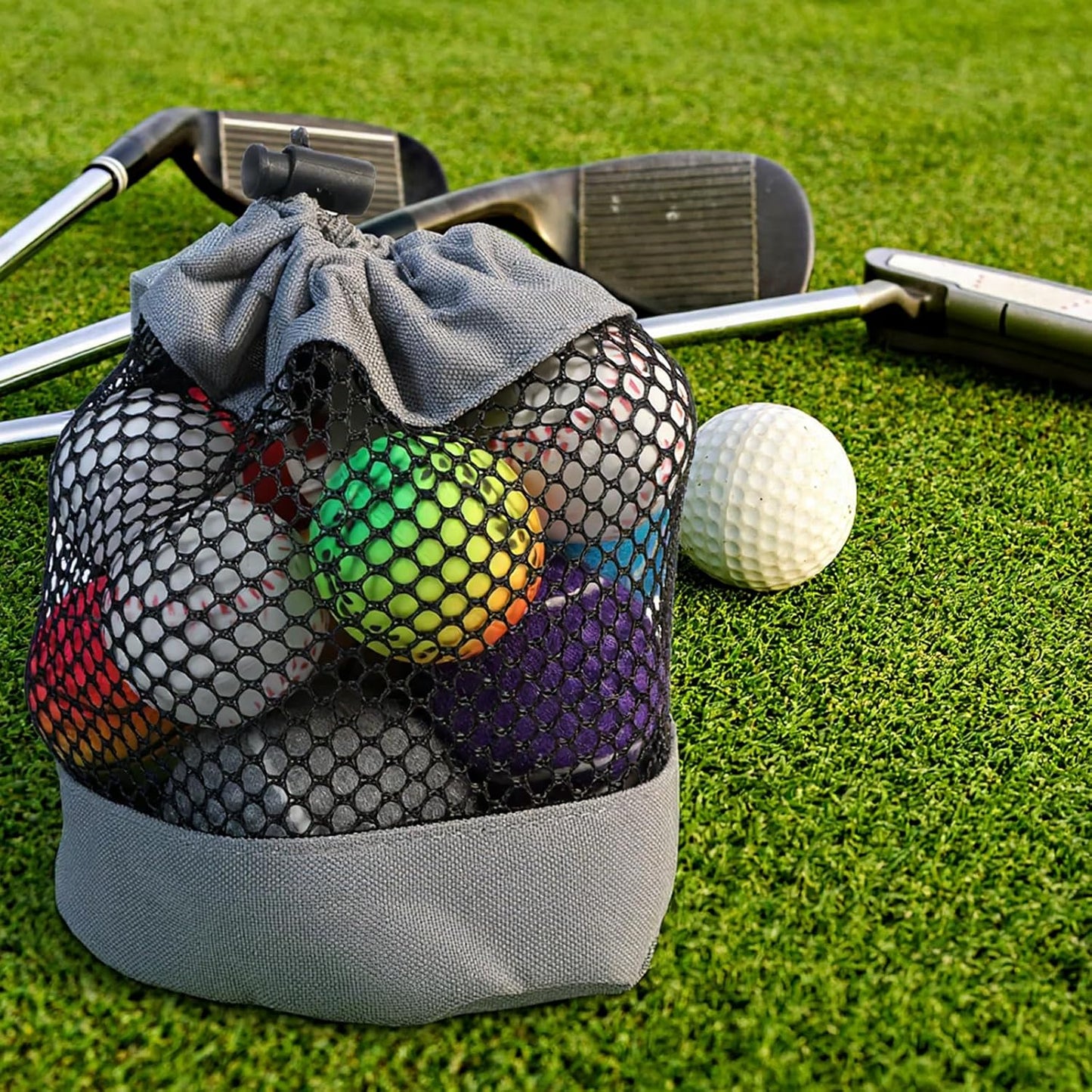 2 Pcs Golf Ball Pouch, Nylon Mesh Golf Ball Bag, 13 x 18cm/ 5.1 x 7.1 in Drawstring Golf Bag Organizer with Hook, Mesh Ball Bags for Billiards, Tennis, Kids Toys Storage, Grey