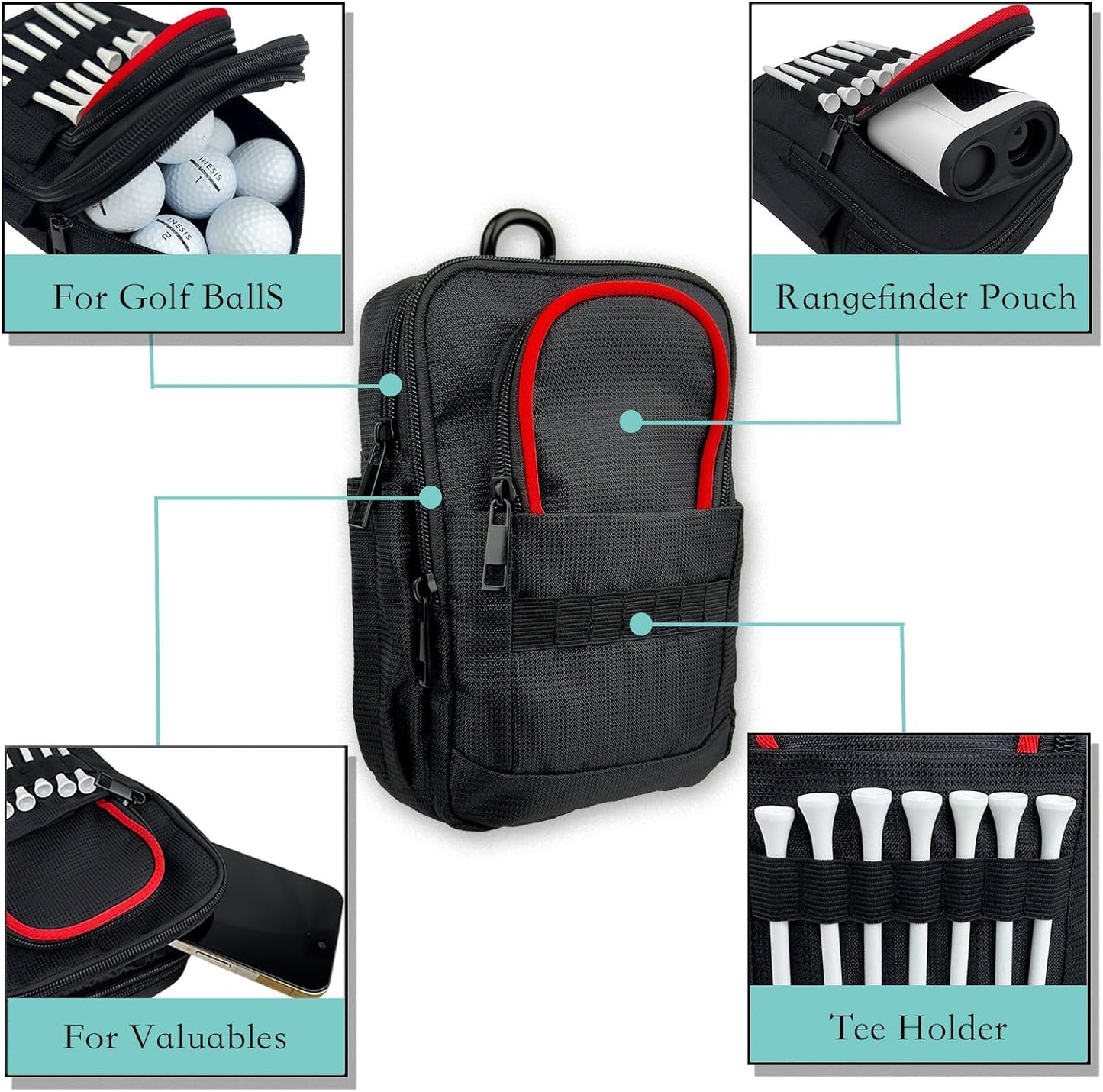 Tactical Golf Valuables Pouch with Clip-On Carabiner – Water-Resistant Golf Tee Bag Pouch for Belt, Cart or Backpack – Compact Golf Accessory Bag for Balls, Tees, Gloves & EDC Gear Black/Red