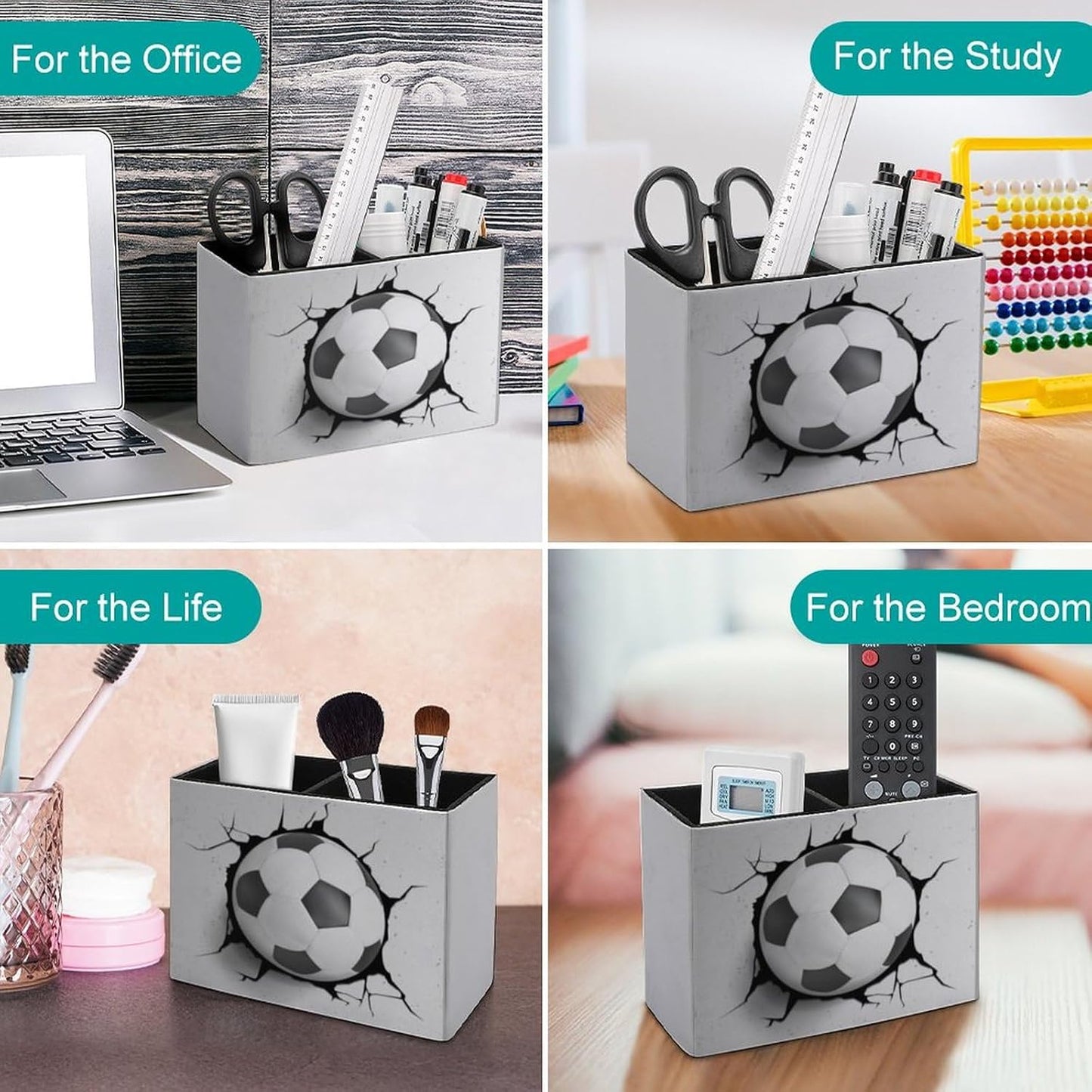Pen Holder, Pencil Holder for Desk Organizer, Soccer Ball Cracked Wall PU Leather Pencil Cups Desktop Stationery Storage Makeup Brush Holder Pen Organizer for Office Home