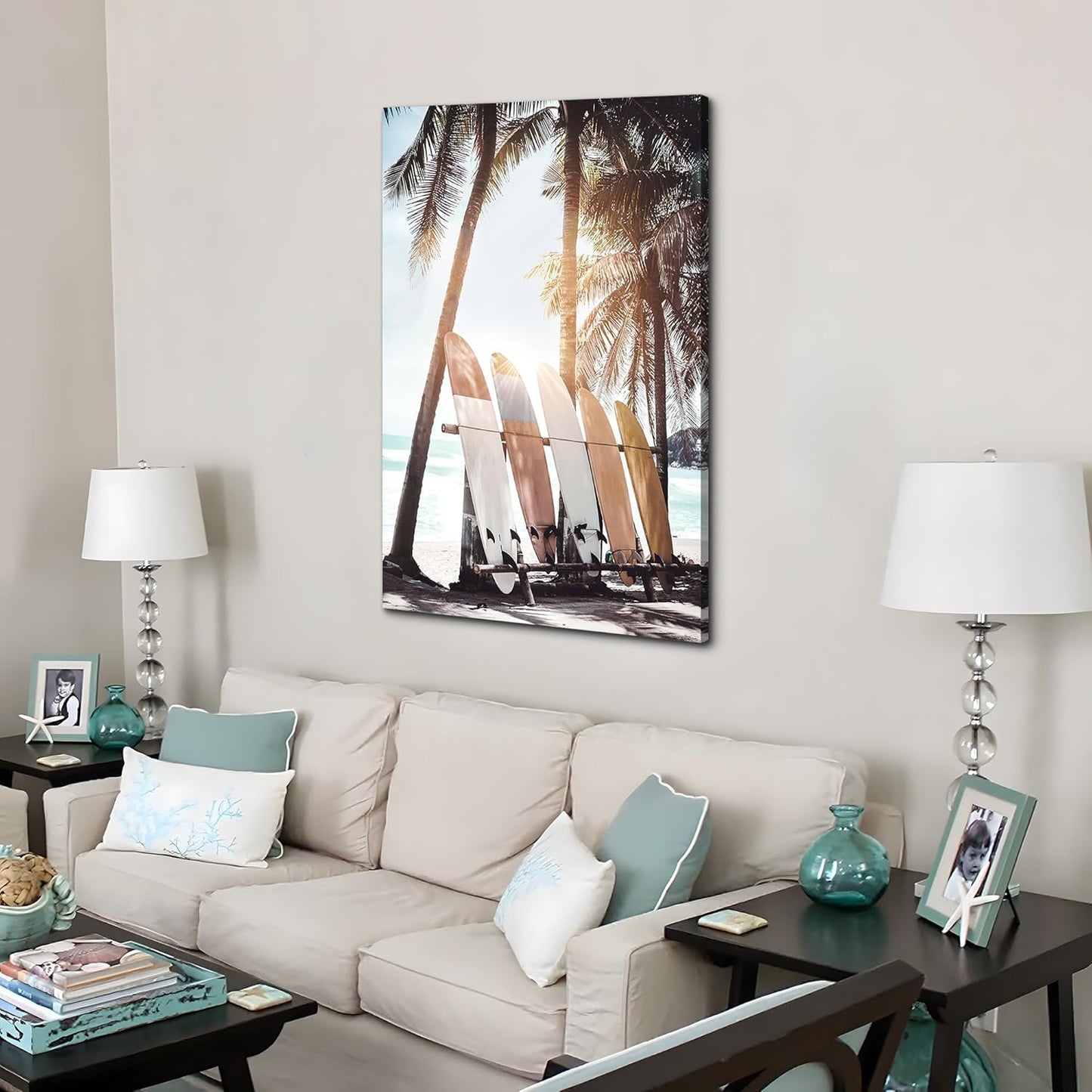 Hardy Gallery Palm Tree Wall Art Surfboard Pictures: Beach Scene Painting Coastal Wall Decor Seaside Artwork Surfing Ocean Print in Beach Canvas for Living Room 45"x30"