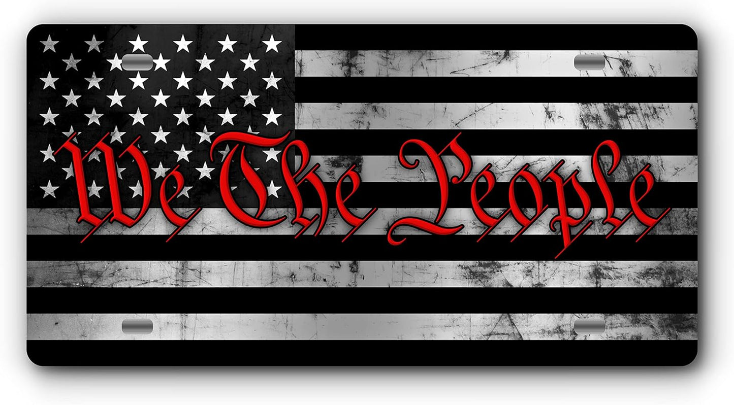 Patriotic Vanity Aluminum License Plate for Front of Trucks and Cars - Made in The USA - Universal Fit (We The People Brushed Stainless & Red)