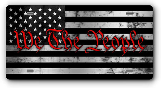 Patriotic Vanity Aluminum License Plate for Front of Trucks and Cars - Made in The USA - Universal Fit (We The People Brushed Stainless & Red)