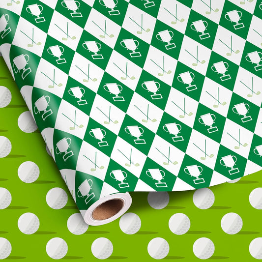 Vnaaem Reversible Golf Wrapping Paper Roll for Men Kids - Green Golf Champion Plaid Clubs & Golf Balls Design Gift Wrap for Birthday, Holiday, Summer Party Favor - 17 in x 20 ft(Total 28.5sq.ft)