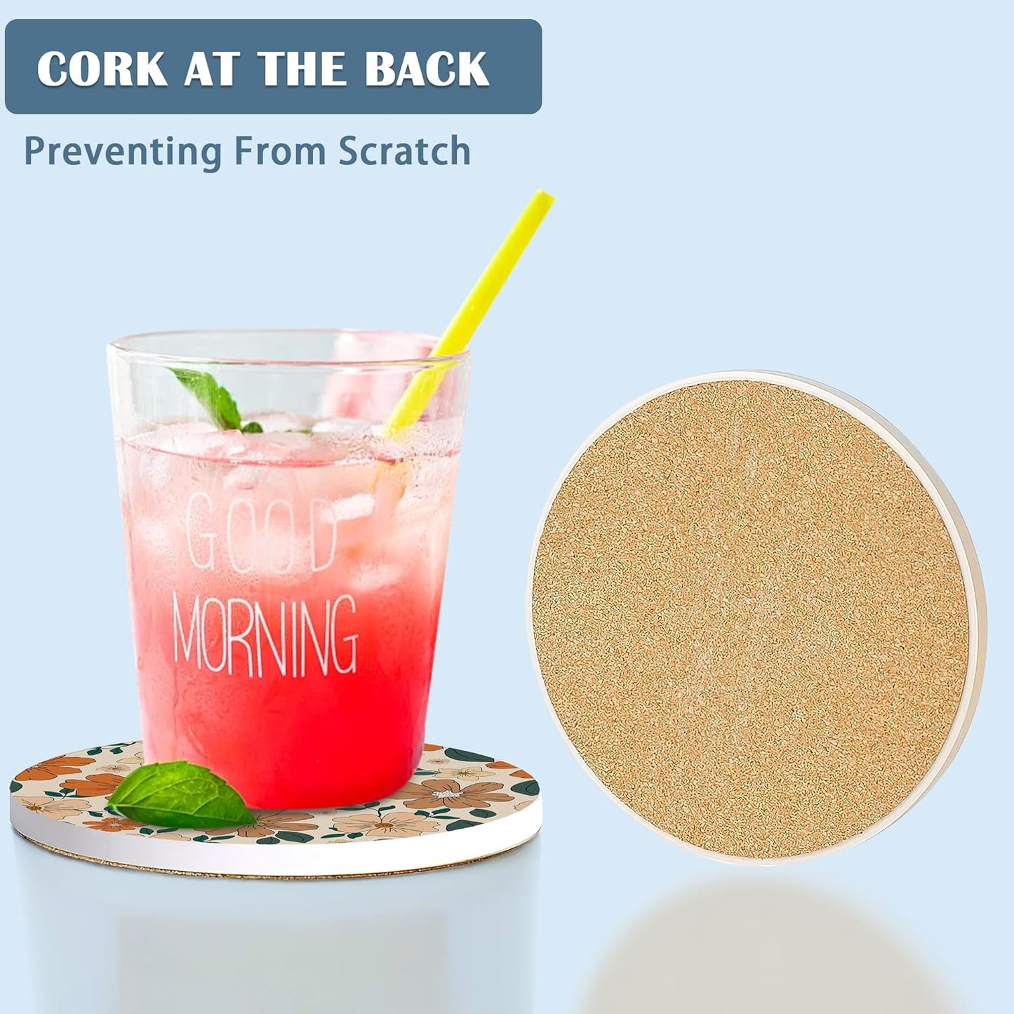 Coasters for Drinks,Set of 4 Absorbent Coasters,70s Retro Floral Flowers Ceramic Coasters with Cork Base,Cup Coaster for Coffee Table Protection,Gifts for Housewarming Birthday