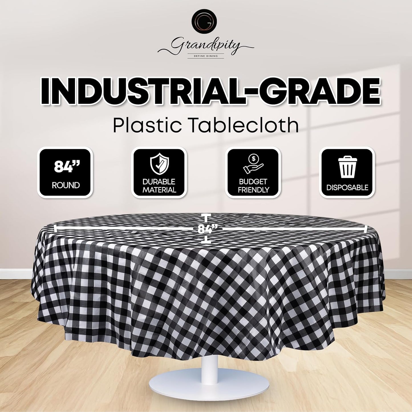 Grandipity 12 Pack Premium Disposable Plastic Tablecloth 84" Inch Decorative Round Checkered Table Cover - Black Checkered Gingham