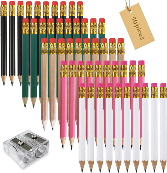 Adhere 25pcs Golf Pencils with eraser Hexagon Wooden Pencils Graphite 2B for Golf Event Scoring,Classroom,Wedding,Company Meetings,Pew, Pocket (Black・White・Green・Pink・Nature・50pcs)