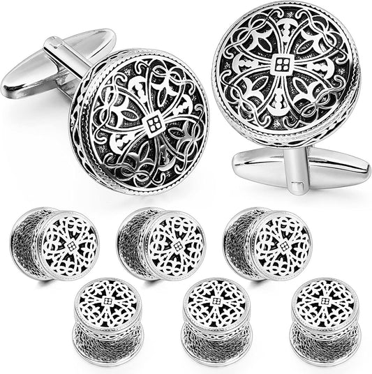 HAWSON Cufflinks and Studs for Men-Fashion Men Vintage Enamel Carbon Fiber Tuxedo Shirt Cufflinks and Studs Set for Regular Wedding Business Accessories