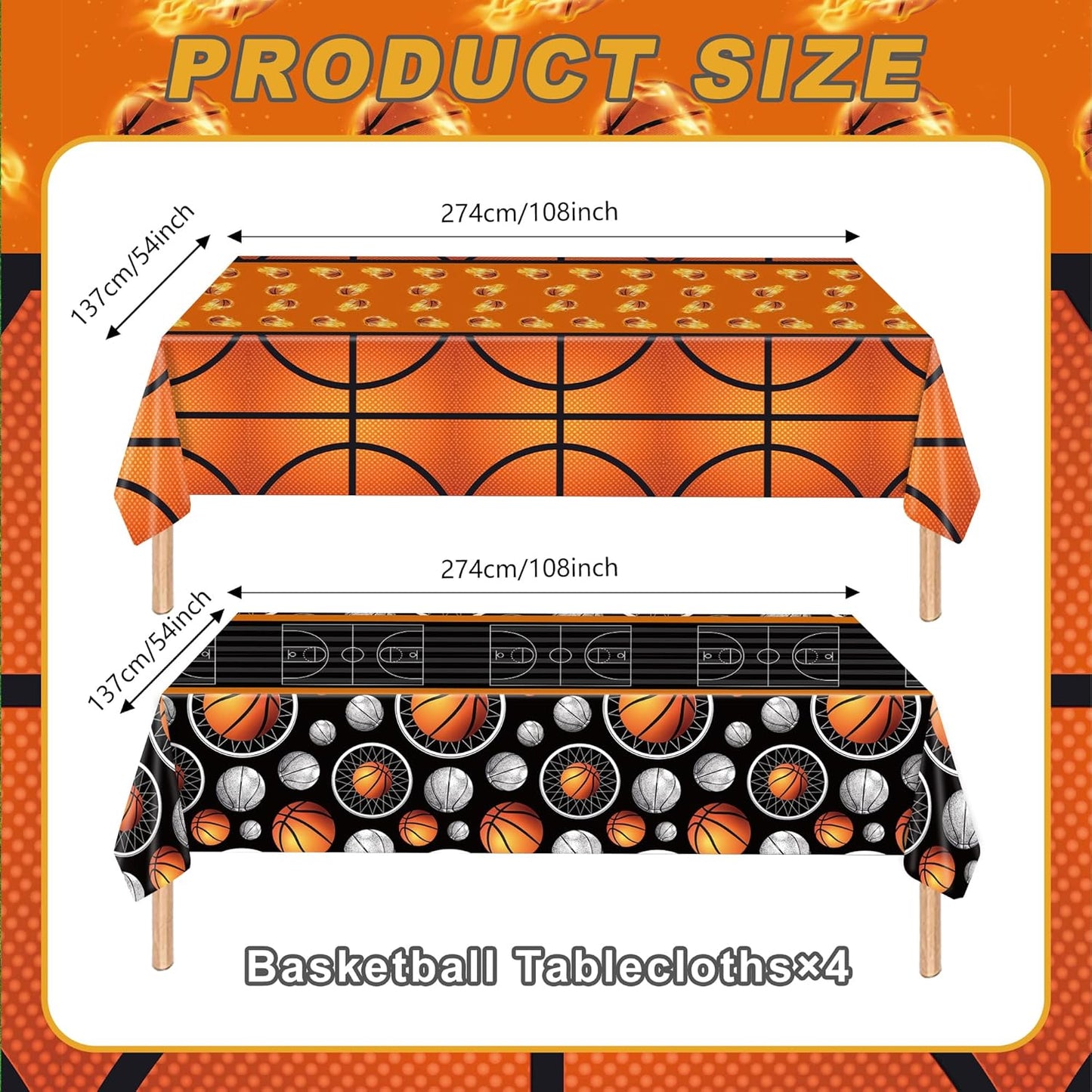 4 Pcs Basketball Plastic Tablecloth 54 x 108 Inch Basketball Party Disposable Table Cover Sport Pattern Party Supplies Plastic Sport Theme Table Cover Rectangle Grass Decoration