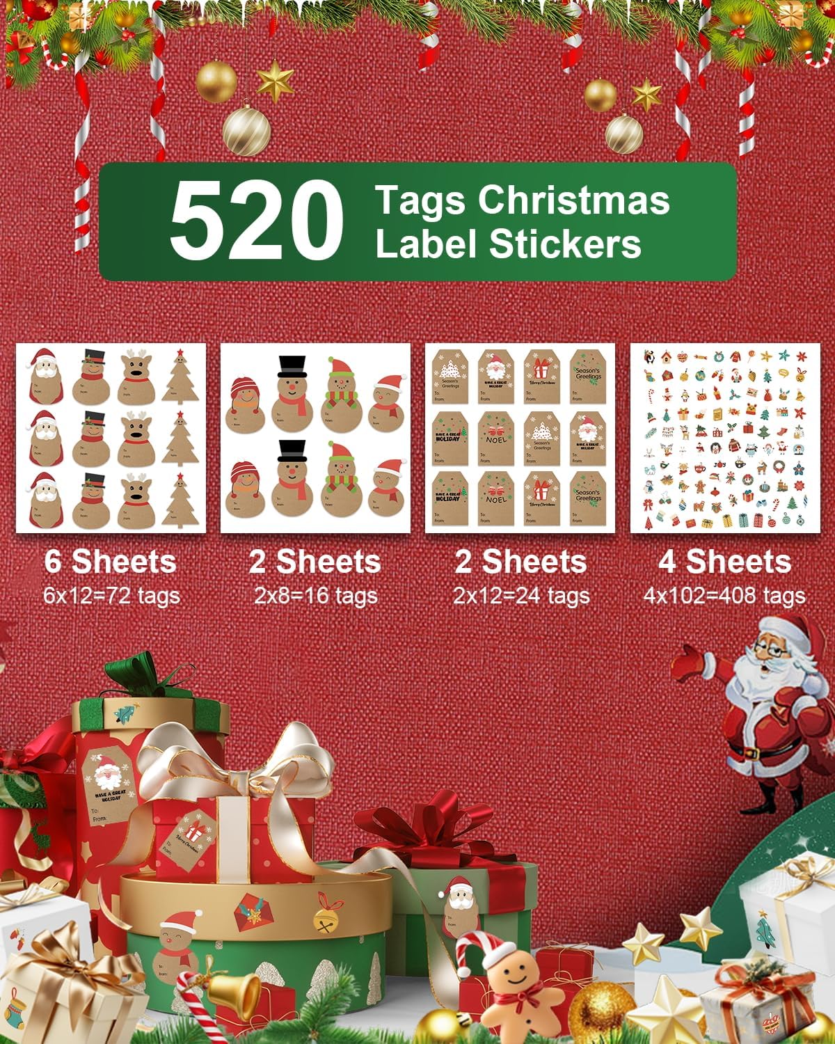 520Tags Christmas Gift Tags Stickers, Self-Adhesive Christmas Name Tags, Vintage Christmas Labels for Presents, Holiday Cute Kraft Xmas Kids Stickers for Boxes, Envelopes,Wrapping Paper,Packages,Cards