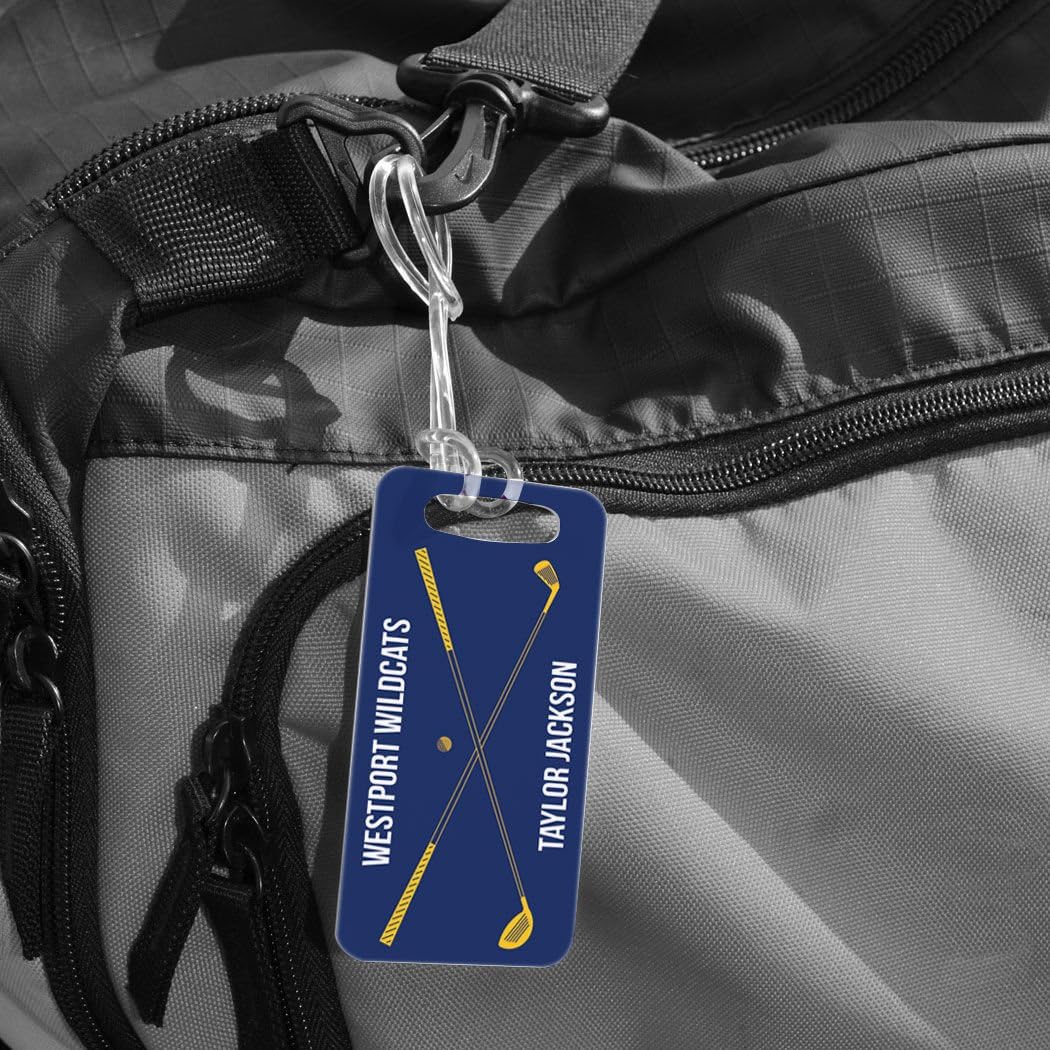 ChalkTalkSPORTS Golf Luggage & Bag Tag | Personalized Crossed Golf Clubs | Standard Lines on Back | Small | Navy/Gold
