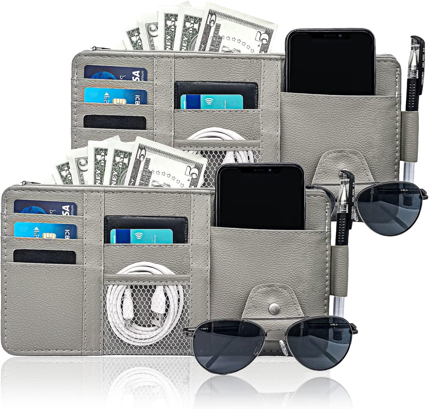 Keedolla 2Pcs Car Sun Visor Organizer with Zipper Pocket, Car Truck Visor Storage Pouch Holder Travel Auto Document Holder for Mobile Phone, Sunglasses, Card - Gray