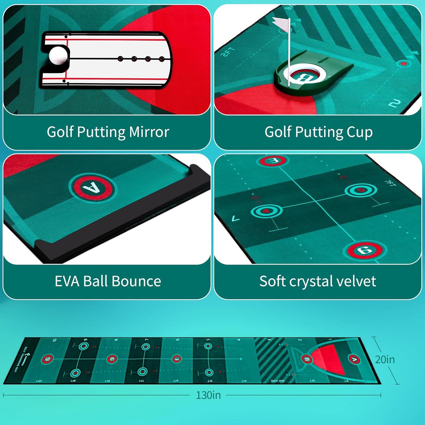 Golf Putting Mat Putting Green Indoor Outdoor Training Aid with Putting Cup Putting Mirror Practice Putting Matt for Backyard Home Office