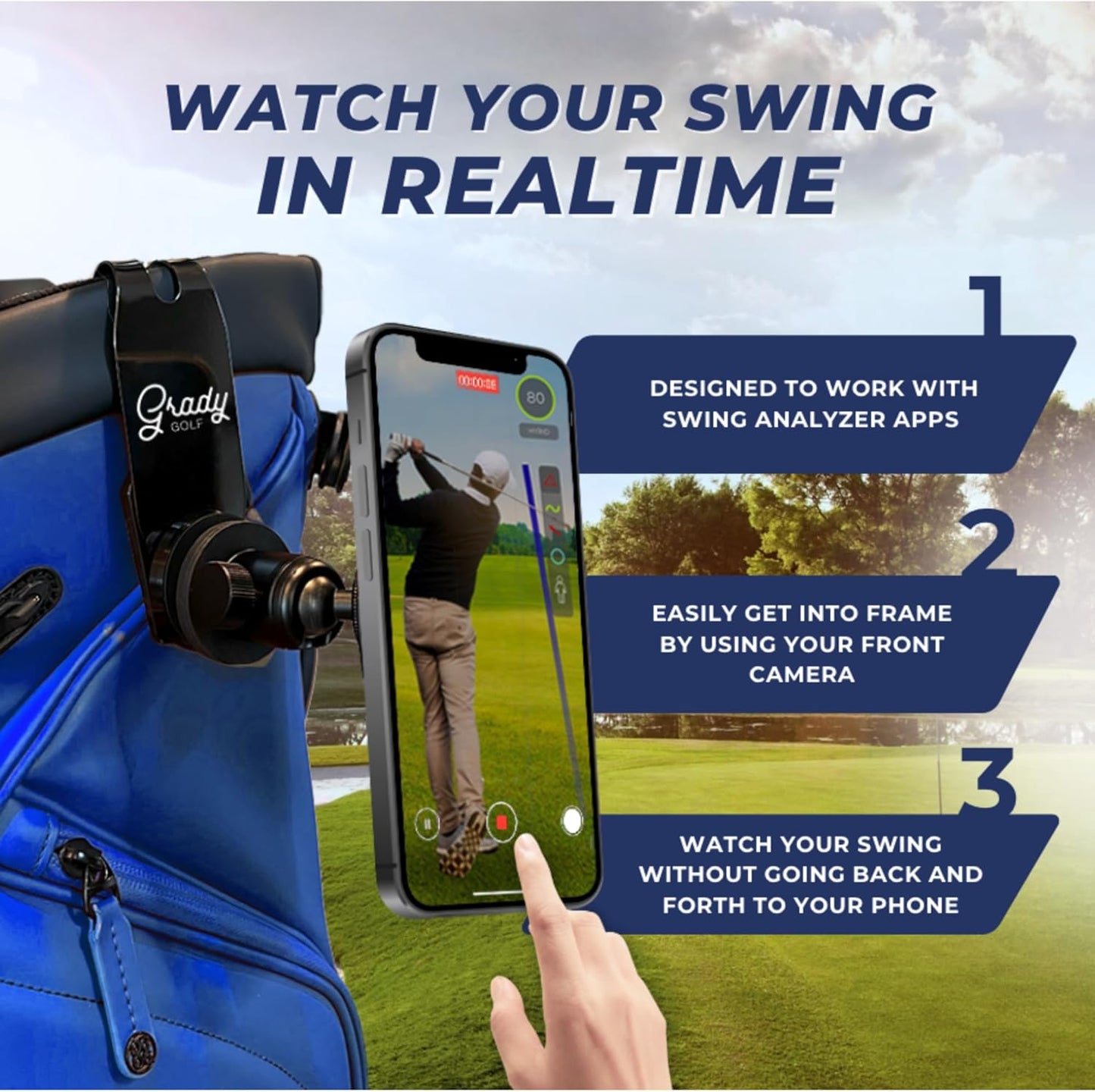 Golf Phone Holder – Fully Adjustable Golf Swing Camera Mount | Converts Any Bag into a Golf Phone Tripod | MagSafe-Compatible for Easy, Clamp-Free Setup | Golf Bag Magnetic Plate Included