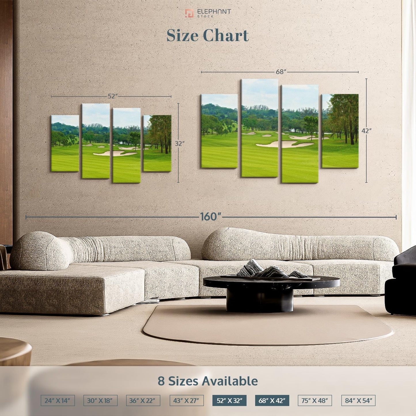 Elephant Stock Beautiful Golf Course Wall Art - Horizontal Canvas - 4-Piece Living Room Wall Decor - Tree Photography Canvas Print - Green and Blue Decor for Wall - 52" X 32"
