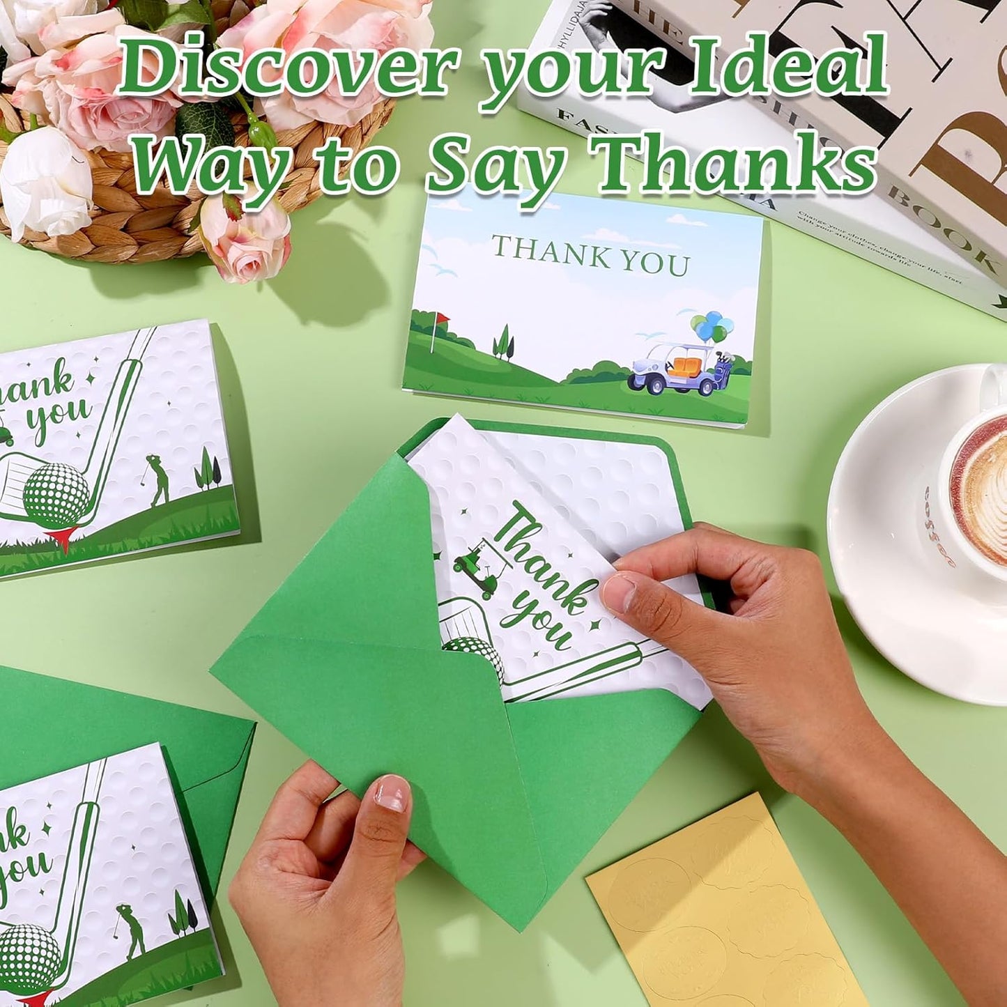 NEWEST 24 Pieces Golf Thank You Cards, 2 Design Golf Greeting Card with Envelopes & Stickers Green White Golf Blank Note Cards for Sports Theme Birthday Baby Shower Retirement Party Favors