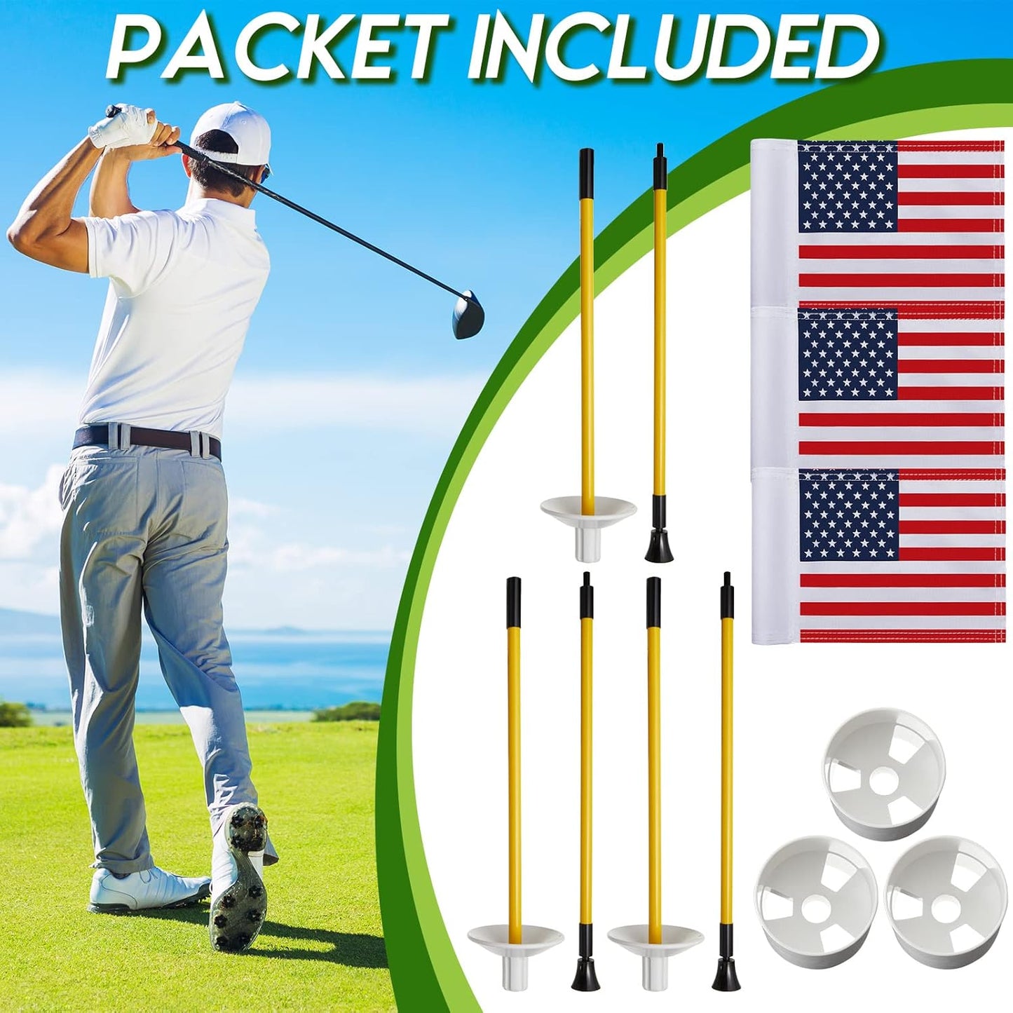 Meooeck 3 Pack Golf Flagstick 3ft Putting Green Pin Flag and Hole Cup Set for Yard Portable 2 Section Fiberglass Mini Golf Set for Driving Range Backyard, Double-side American Flag