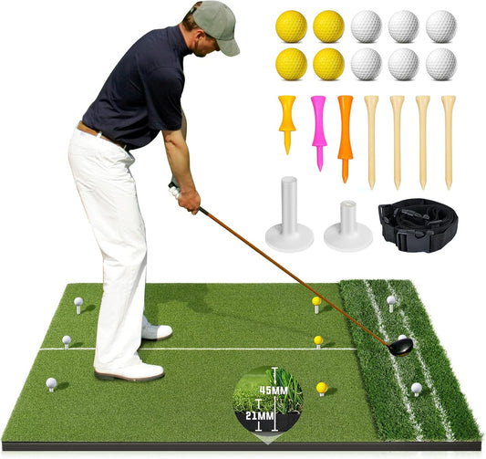 Dual Turf Golf Mat - Practice Indoor/Outdoor, 5 x 4 ft Hitting Mat with Alignment Lines, 9 Tees & Balls Accessories for Swing, Chipping, Putting