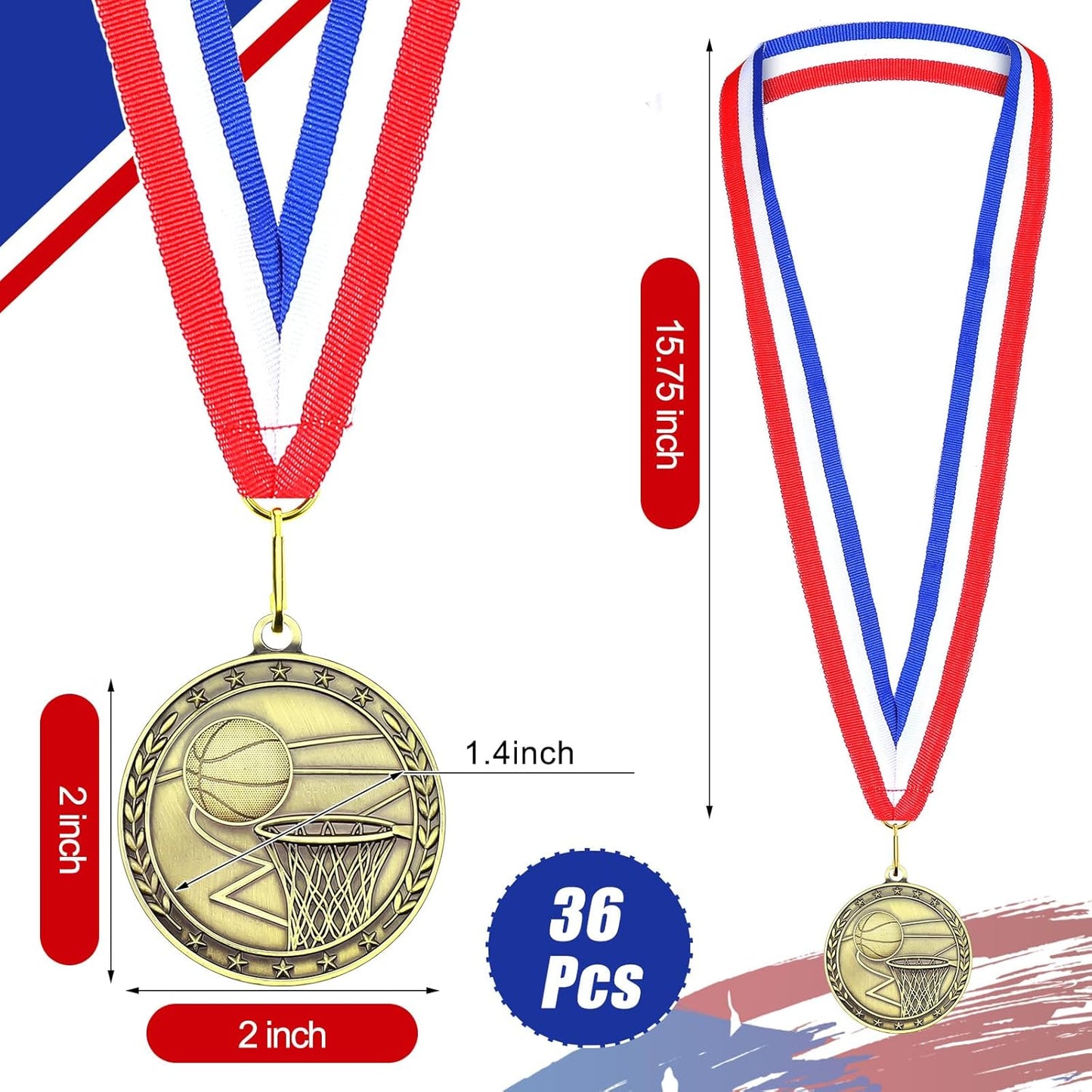 36 Pcs 2'' Gold Medals Bulk Volleyball Football Basketball Soccer Baseball Archery Dink Ball Cheer Track Bowling Awards Medals with Ribbons for Sports Participation Winner Gift