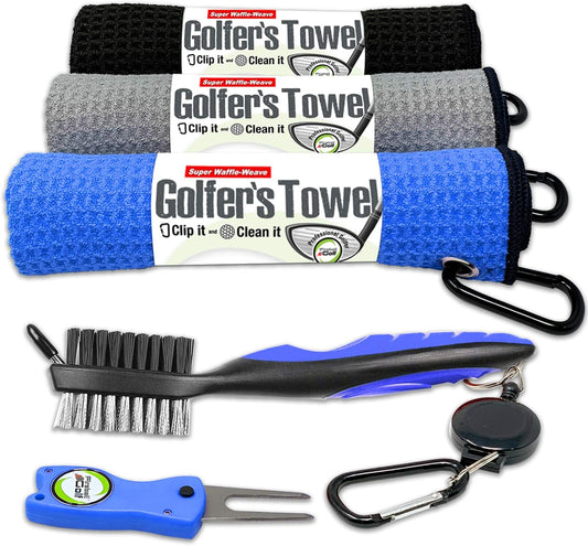Towel Gifts and Accessories Set (Many Colors) - 3 Golf Towels, Golf Divot Tool, Ball Marker, and Golf Cleaning Brush, Golf Gifts for Men, Women, Children