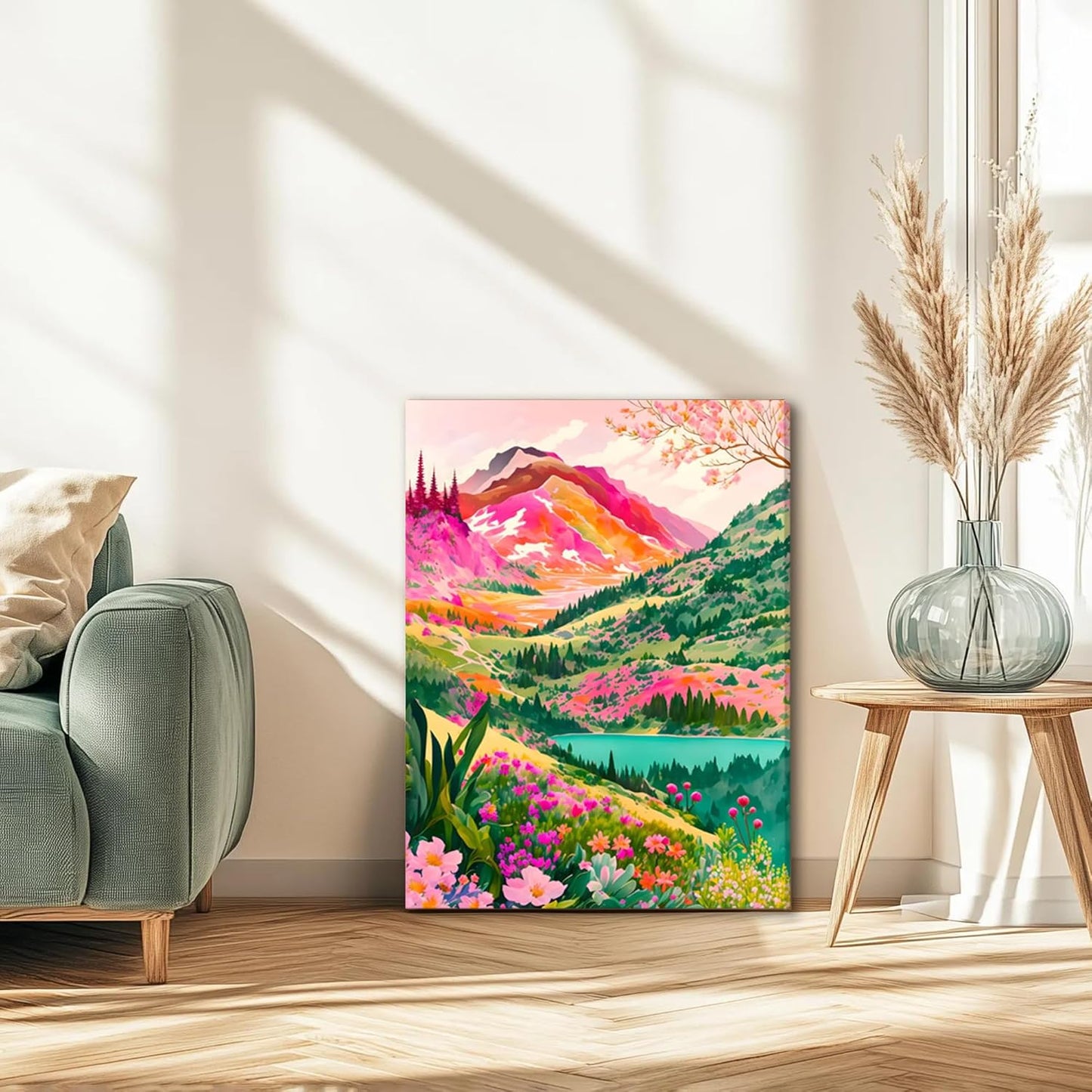 DUWQU 3 piece Colorful Watercolor Mountain Canvas Wall Art Boho Floral Painting Picture Wall Decor Abstract Nature Landscape Poster Print Artwork for Living Room Bedroom Bathroom Office 16x24 Inches