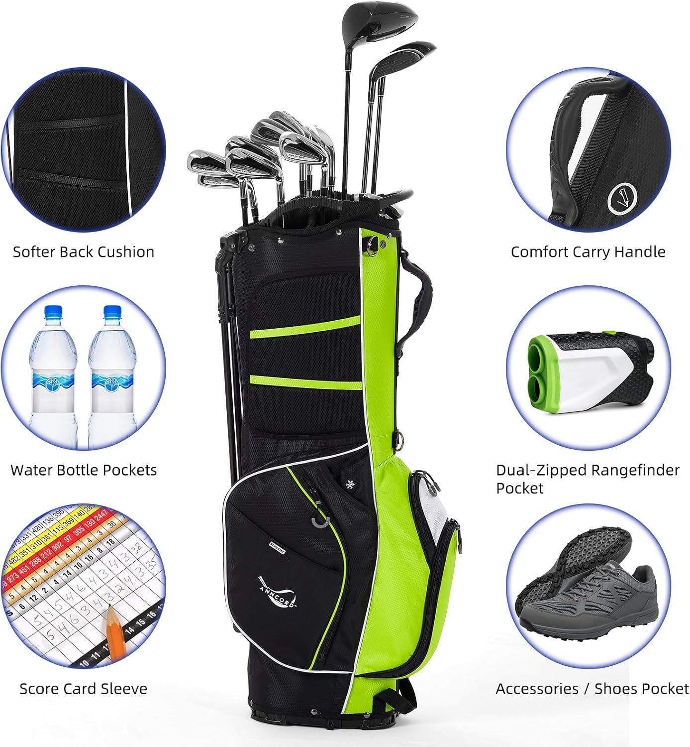 Golf Stand Bag 14 Way Top Dividers Full-Length with Stand, 8 Pockets, Cooler Pouch, Waterproof Golf Bag for Men, Dual Strap, Rain Hood